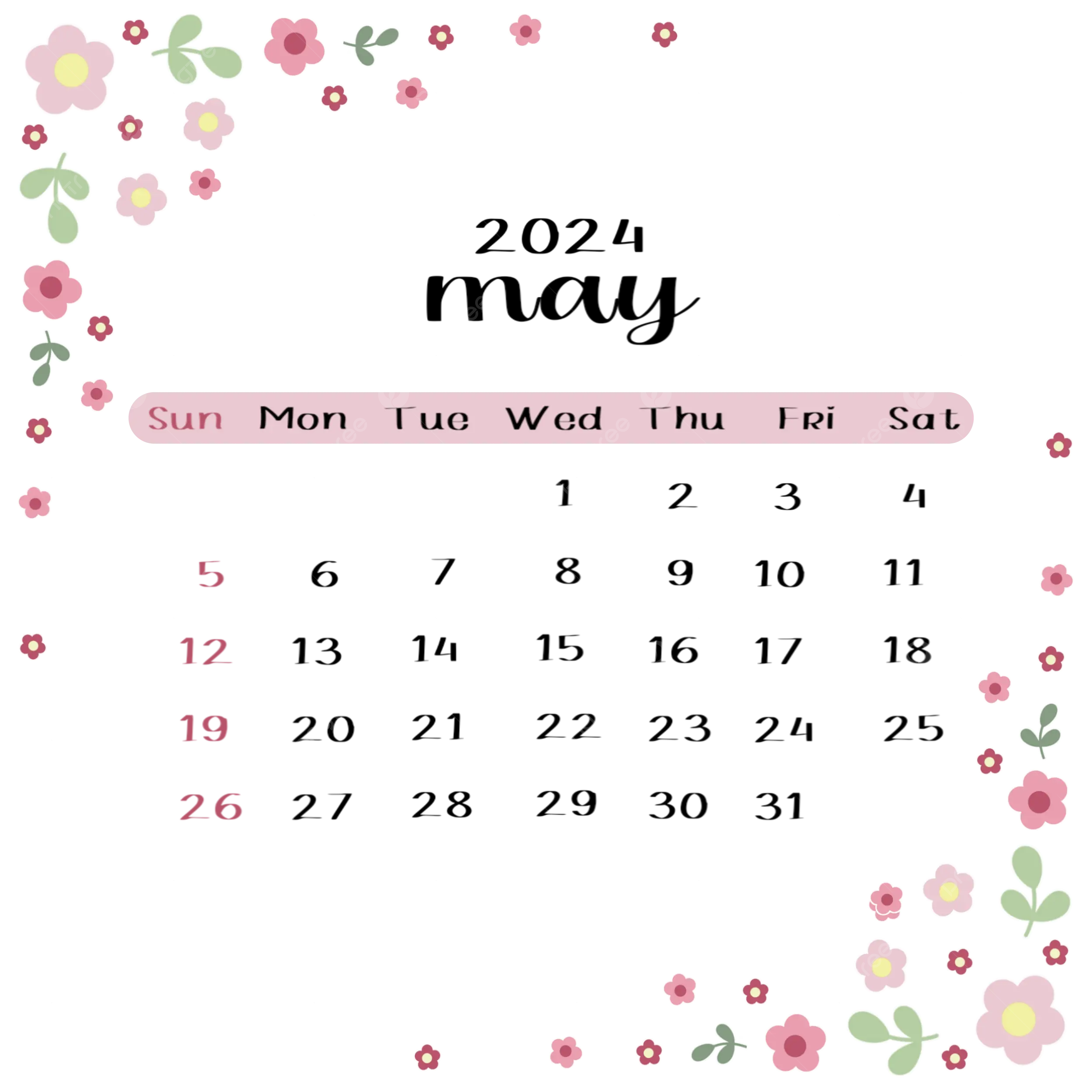 May 2024 Calendar Lovely Pink Flower