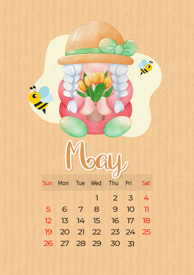 May Calendar 2024 Multi Color Cartoon