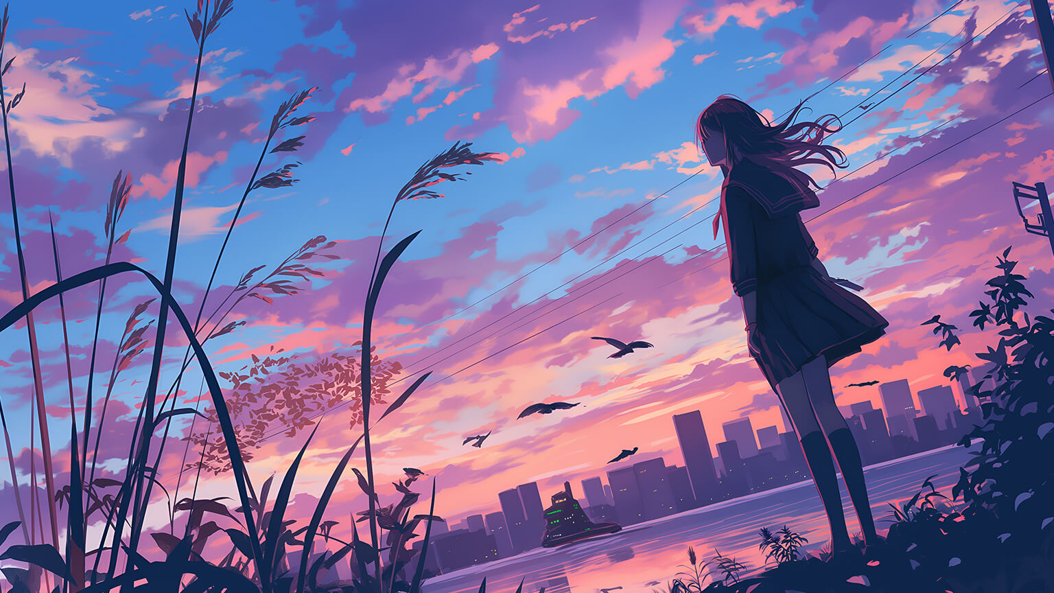 Pink Sunset & Anime Girl Desktop