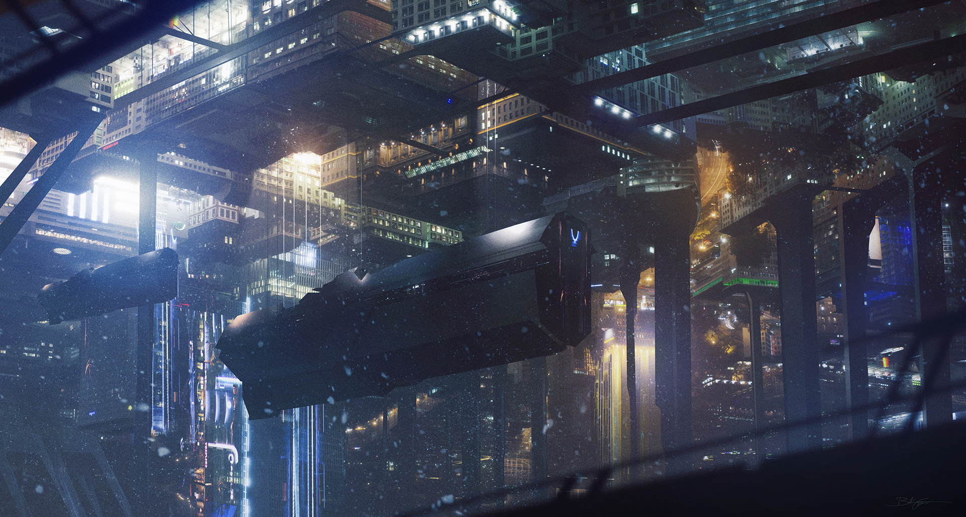 Futuristic Skyline: HD Sci Fi Cityscape Wallpaper By Bastien Grivet