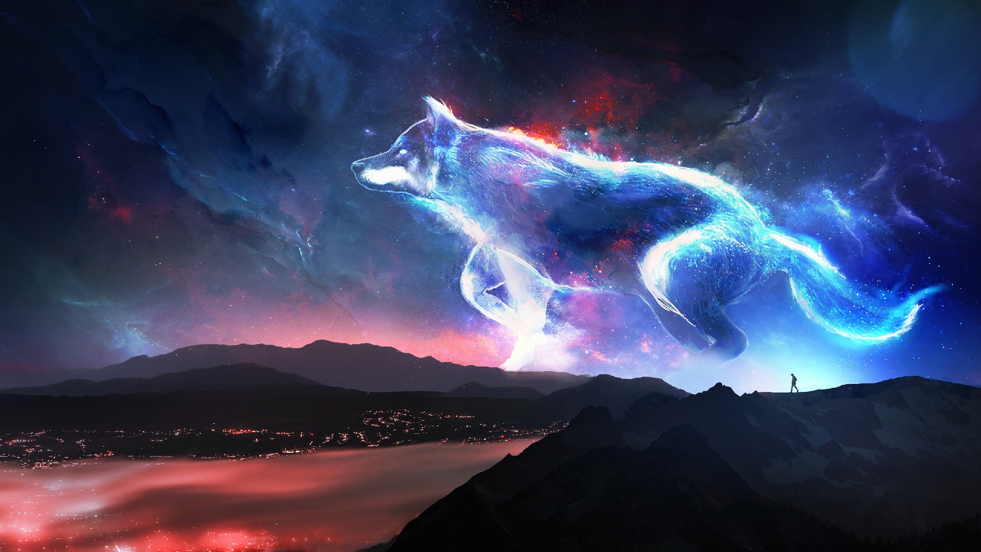 Fantasy wolf on the night sky