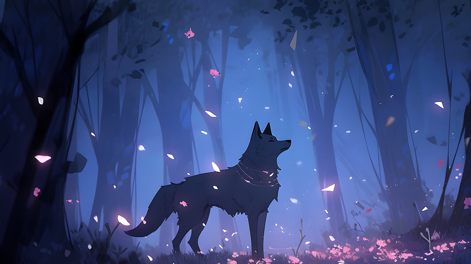 Purple Night Forest Wolf Wallpaper