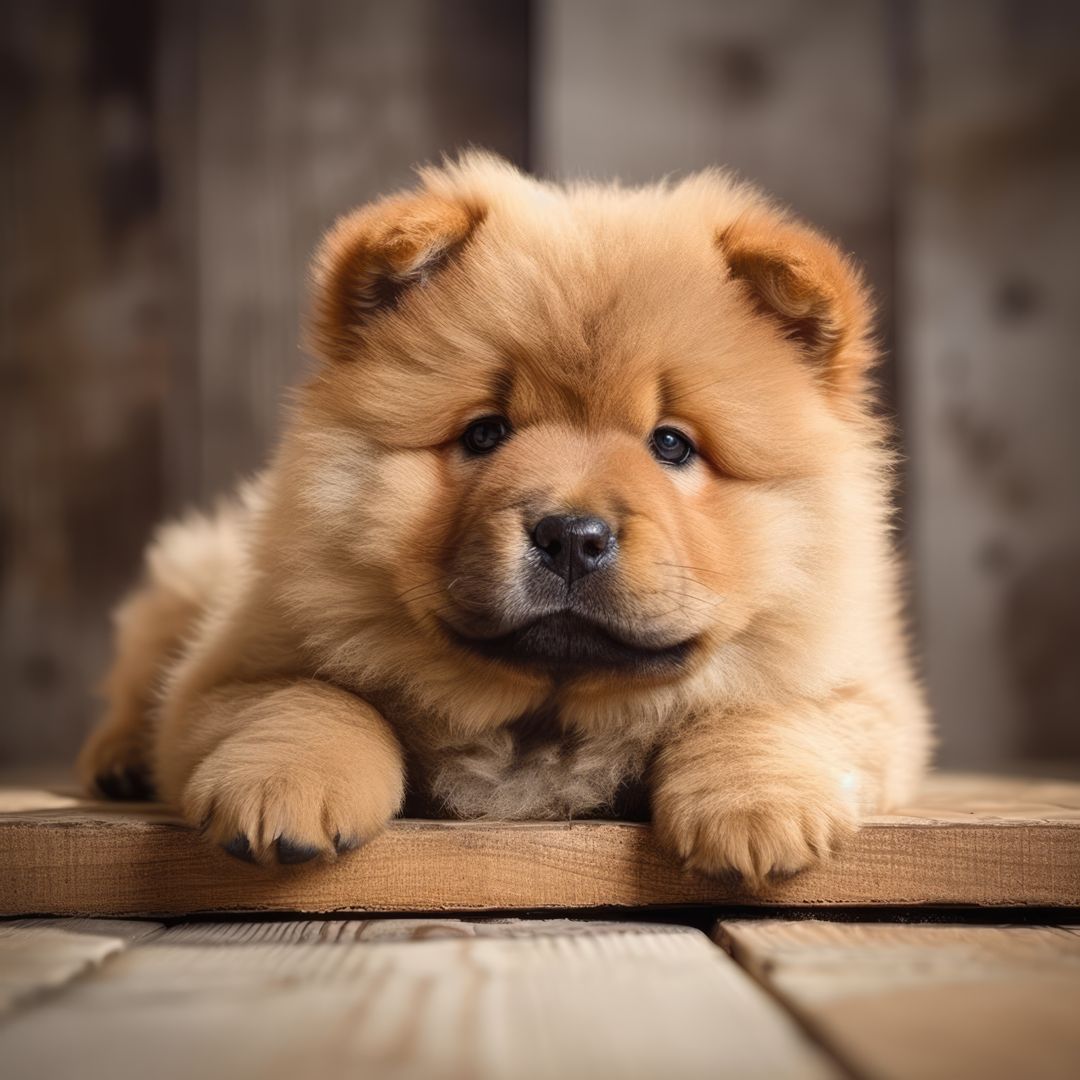 Portrait of cute chow chow puppy lying