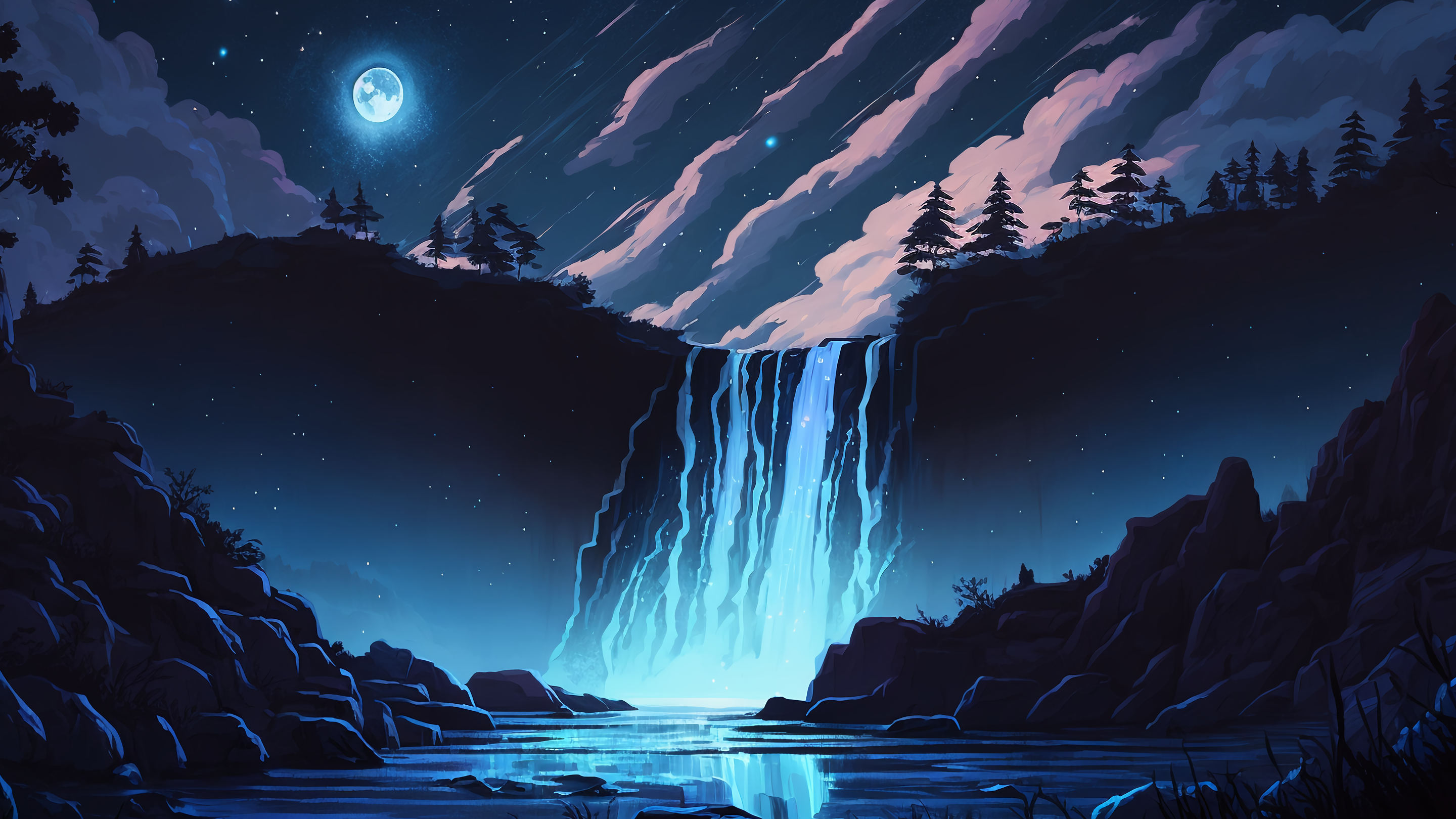 Waterfall, midnight [2880x1620], r