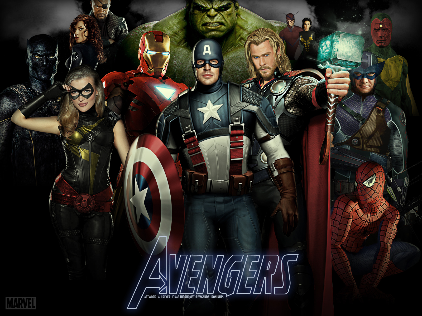 Desktop wallpaper: Spider Man, Iron Man, Peter Parker, Movie, Giant Man, Thor, Captain America, Vision (Marvel Comics), Ms Marvel, Avengers, Hulk, The Avengers, Blonde, Black Hair, Black Panther (Marvel Comics), Black Widow