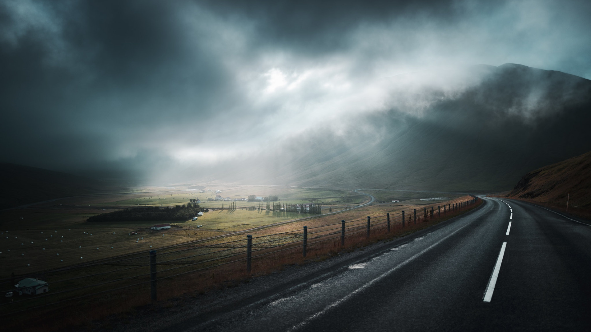 Download wallpaper road, mountains, fog