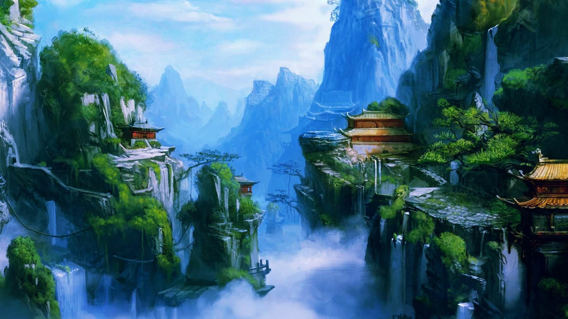 Japanese Asian Mountain Fantasy City