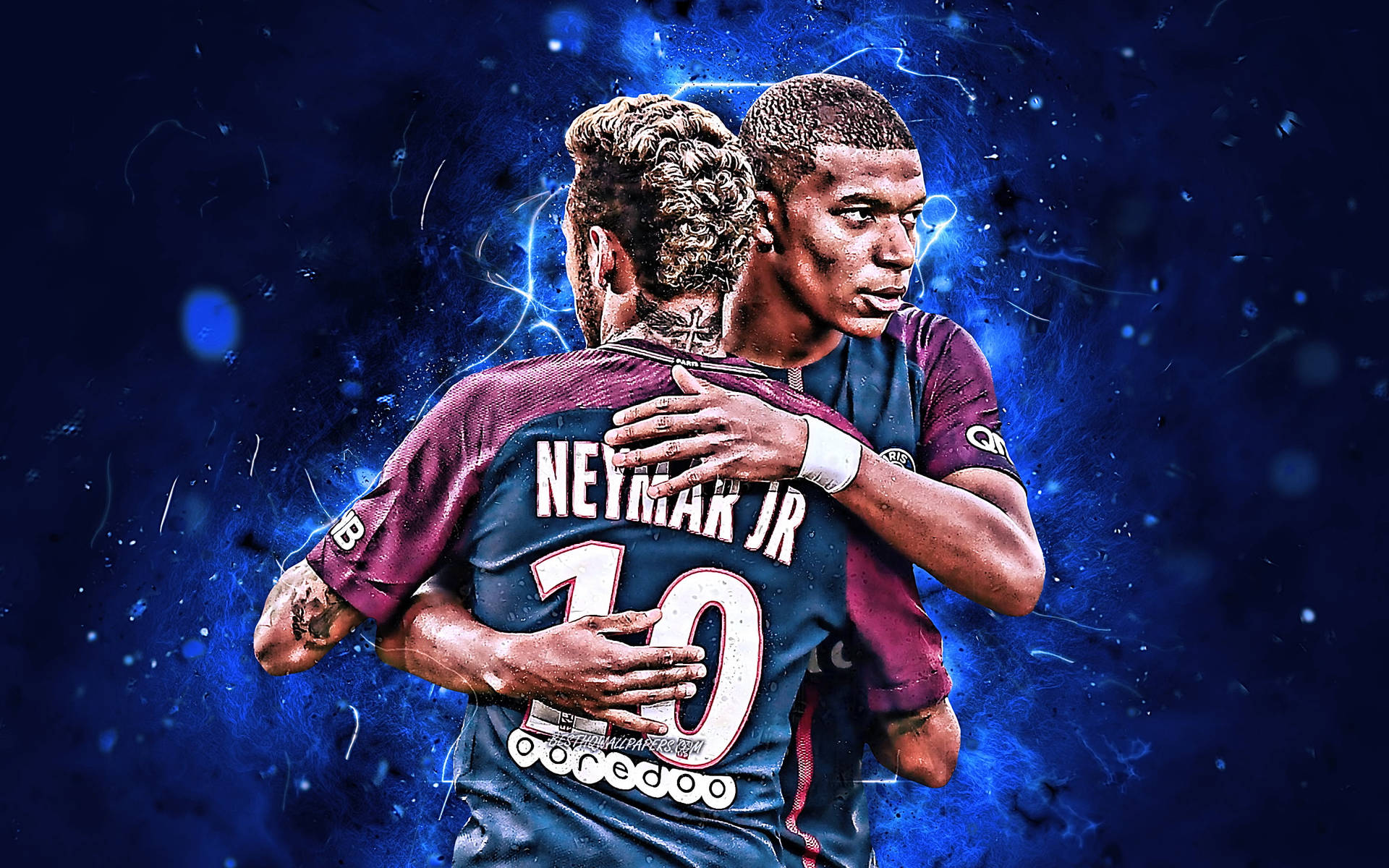 Neymar Hugging Mbappe Fanart Wallpaper