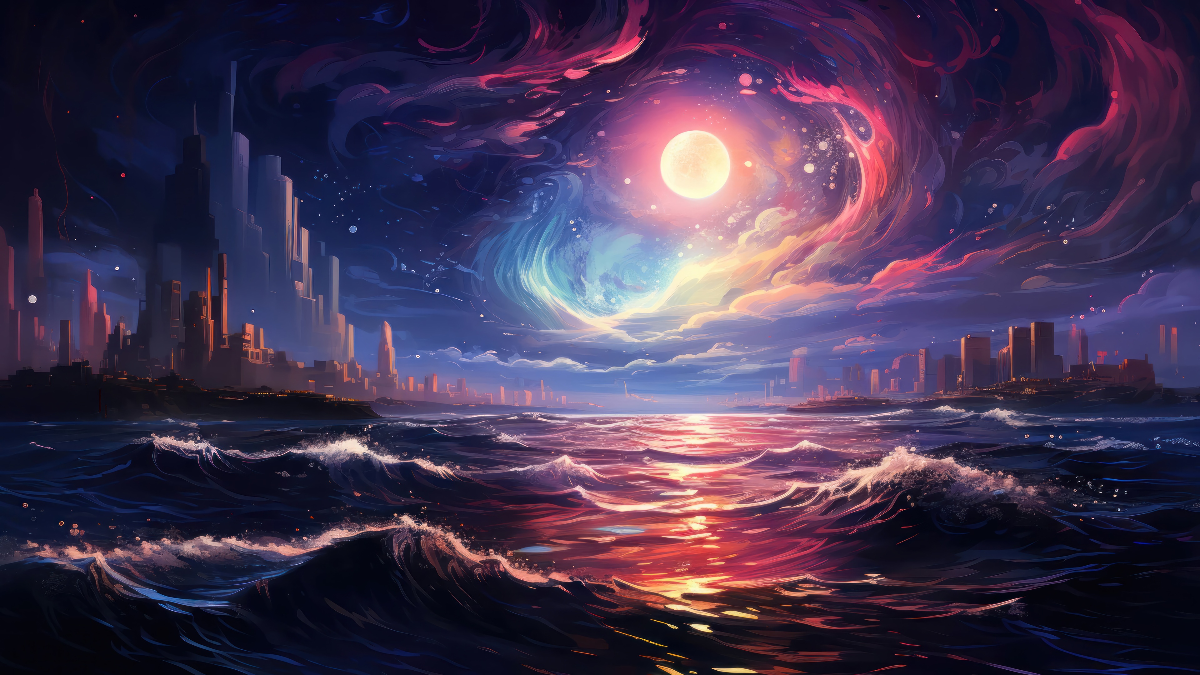 Wallpaper city, moon, ocean, digital