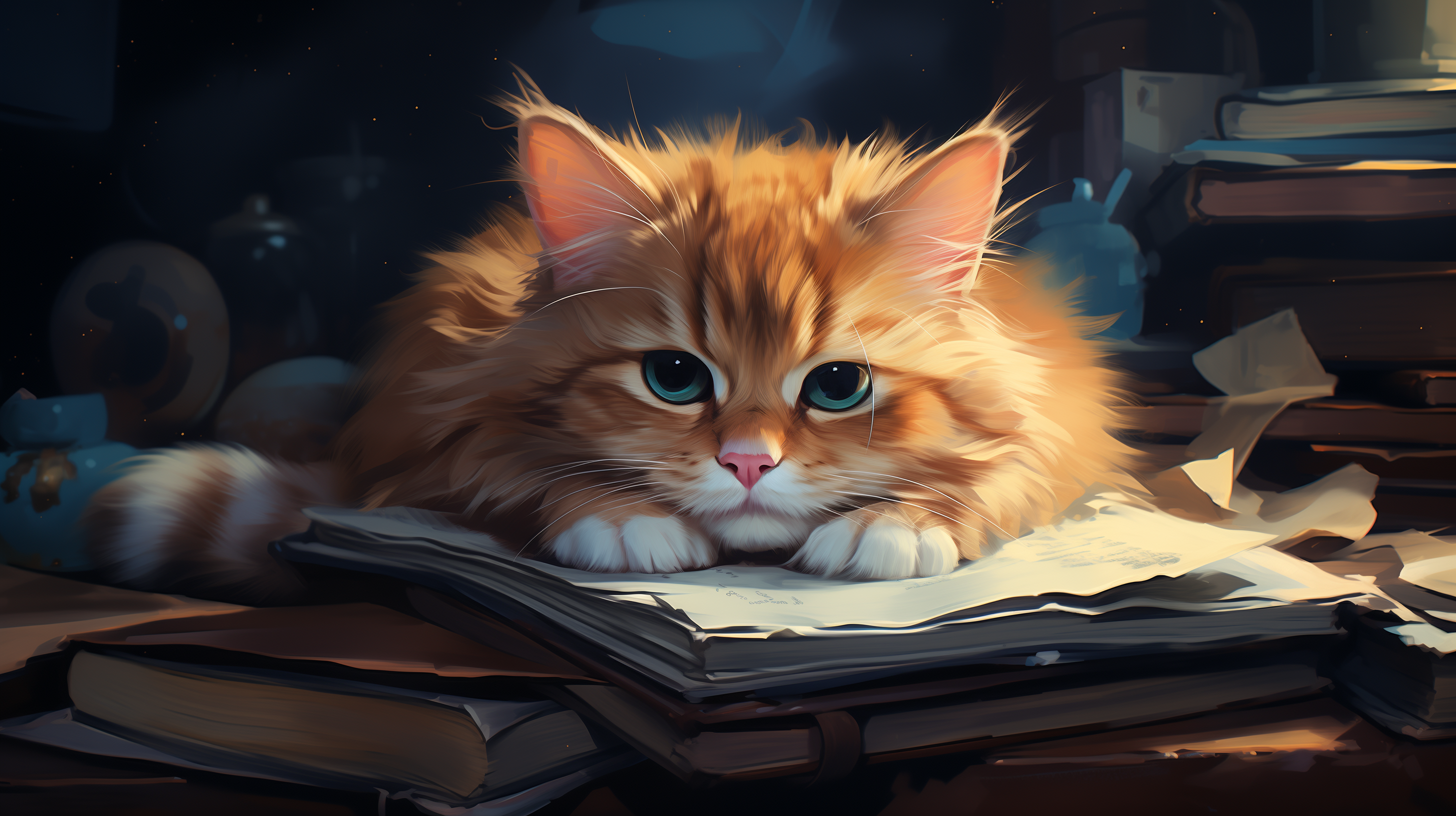 Scholarly Cat with Book HD Wallpaper