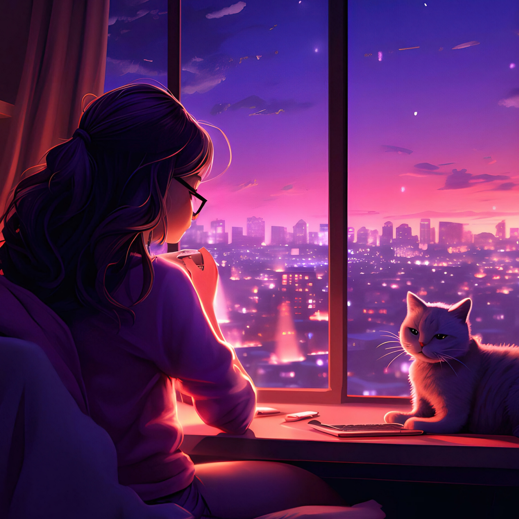 Lofi girl Wallpaper 4K, Cozy, Cat, Window, Alone