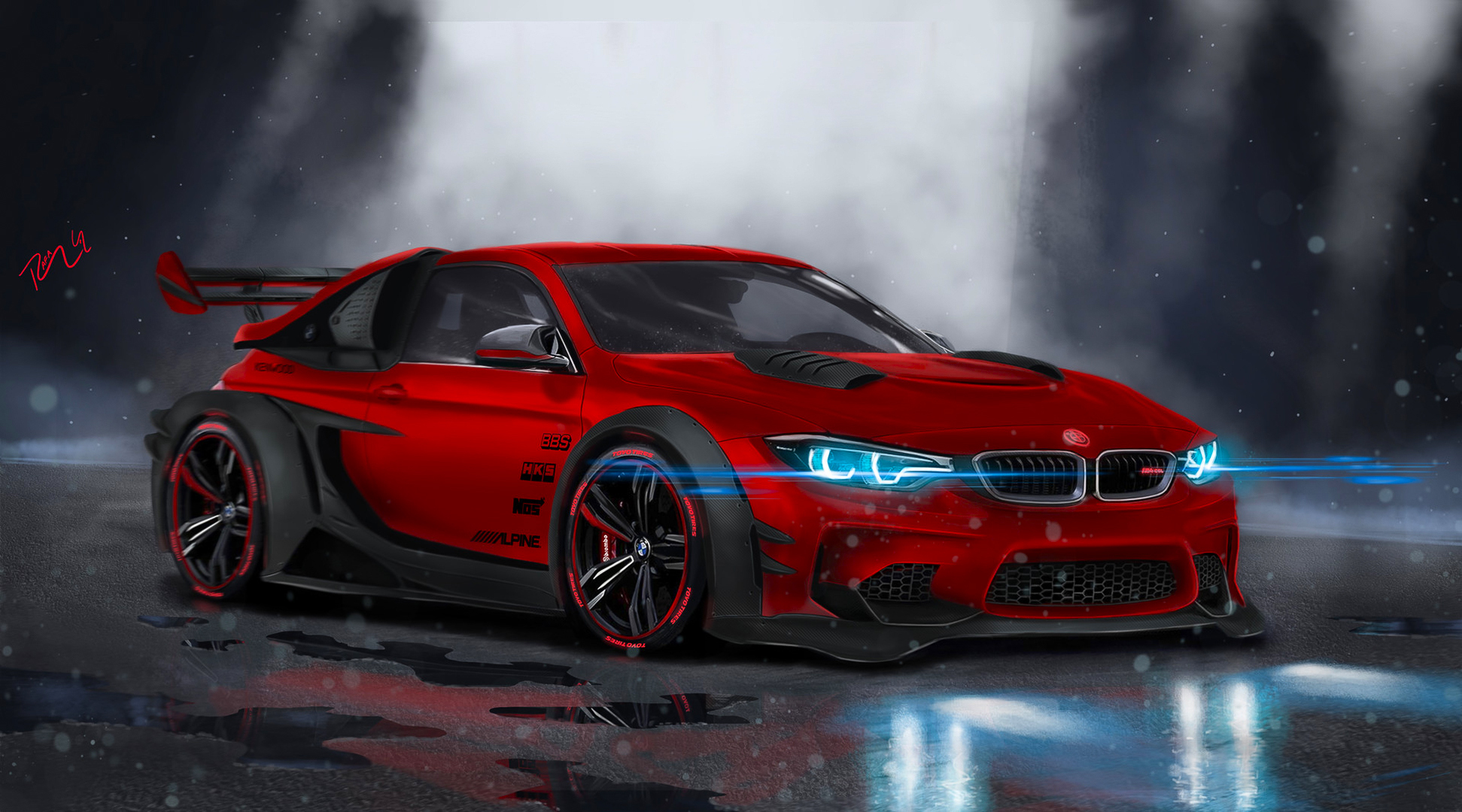 Wallpaper car, BMW, red, Front, Neon, Sport, Customs for mobile and desktop, section bmw, resolution 1943x1080