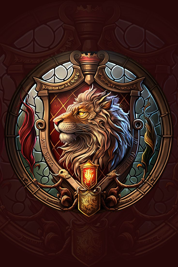 Lion emblem stained glass crest. Harry