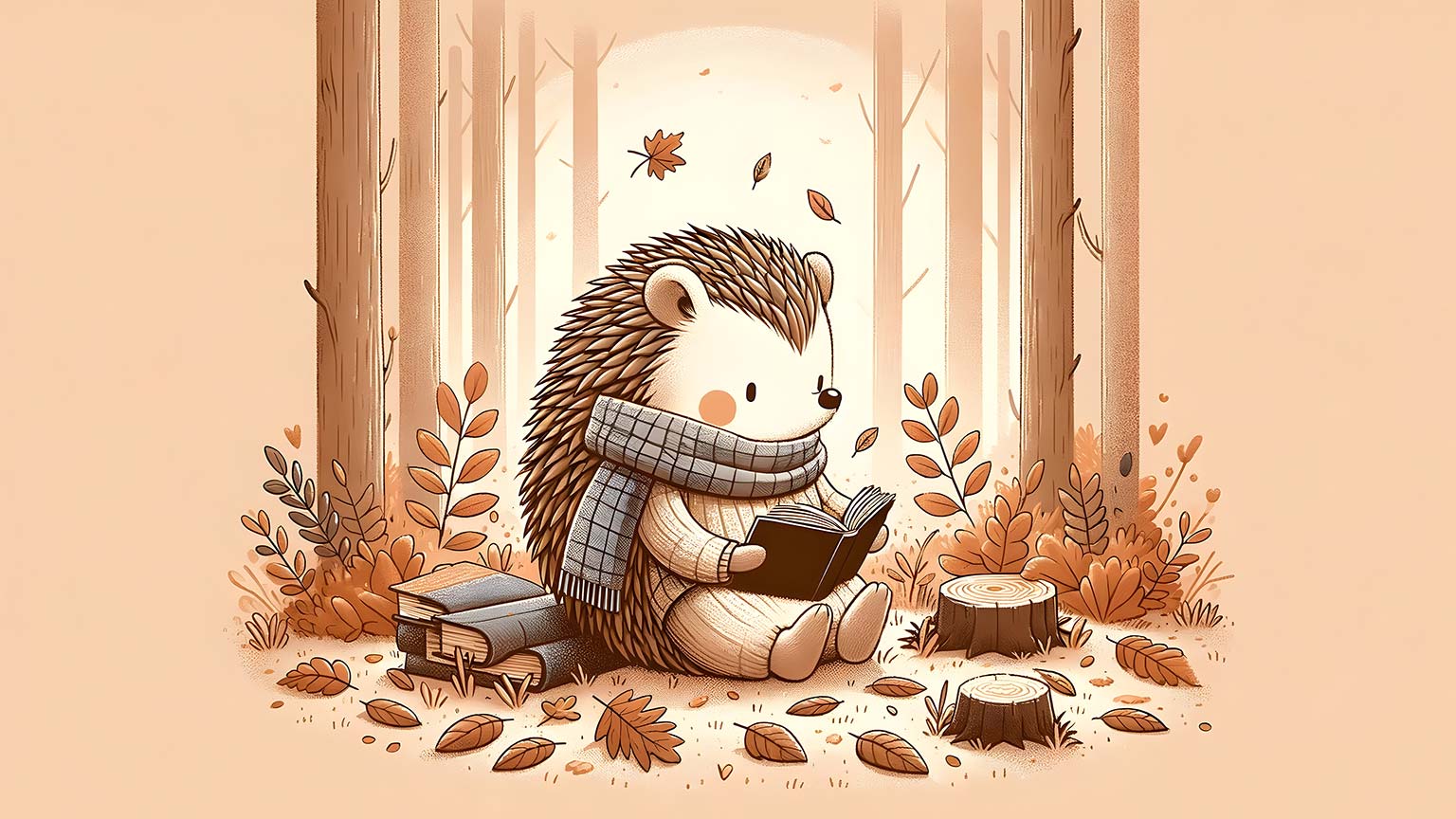 Cute Hedgehog Reading Books in Forest