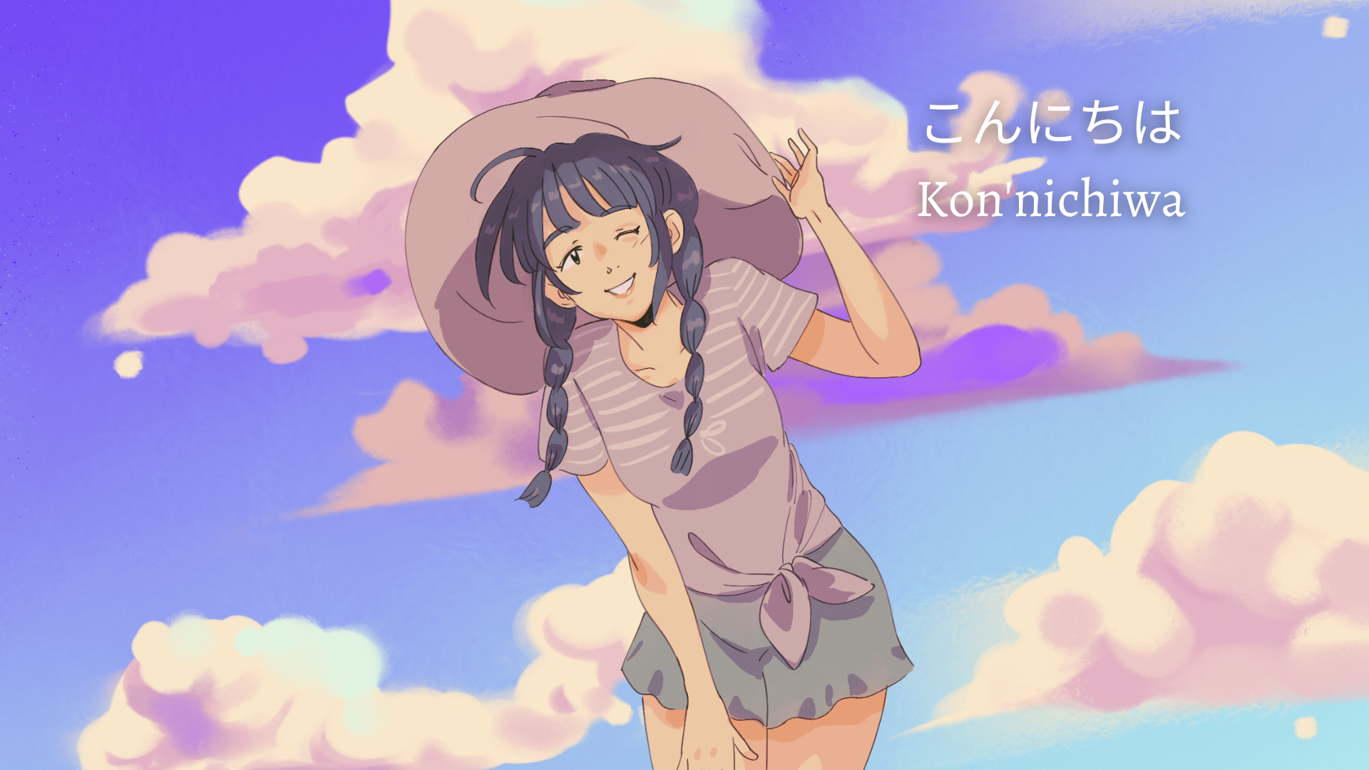 Cute anime girl on a soft clouds sky