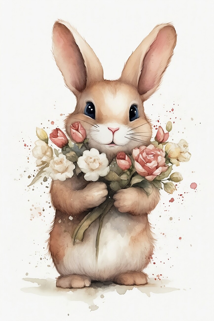 Cute bunny rabbit holdning flowers Wall
