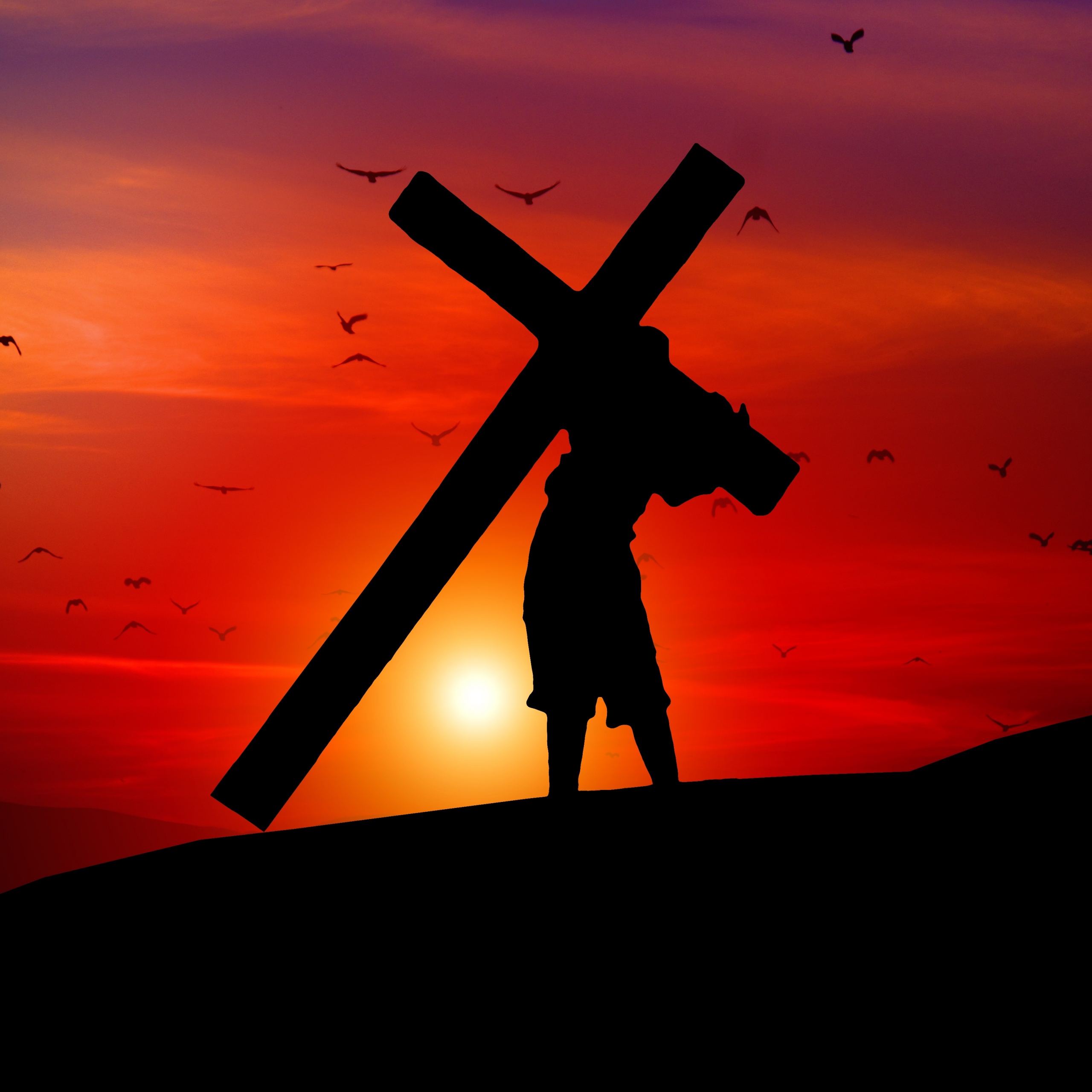 Jesus Cross Wallpaper 4K, Sunset, Orange sky, Silhouette