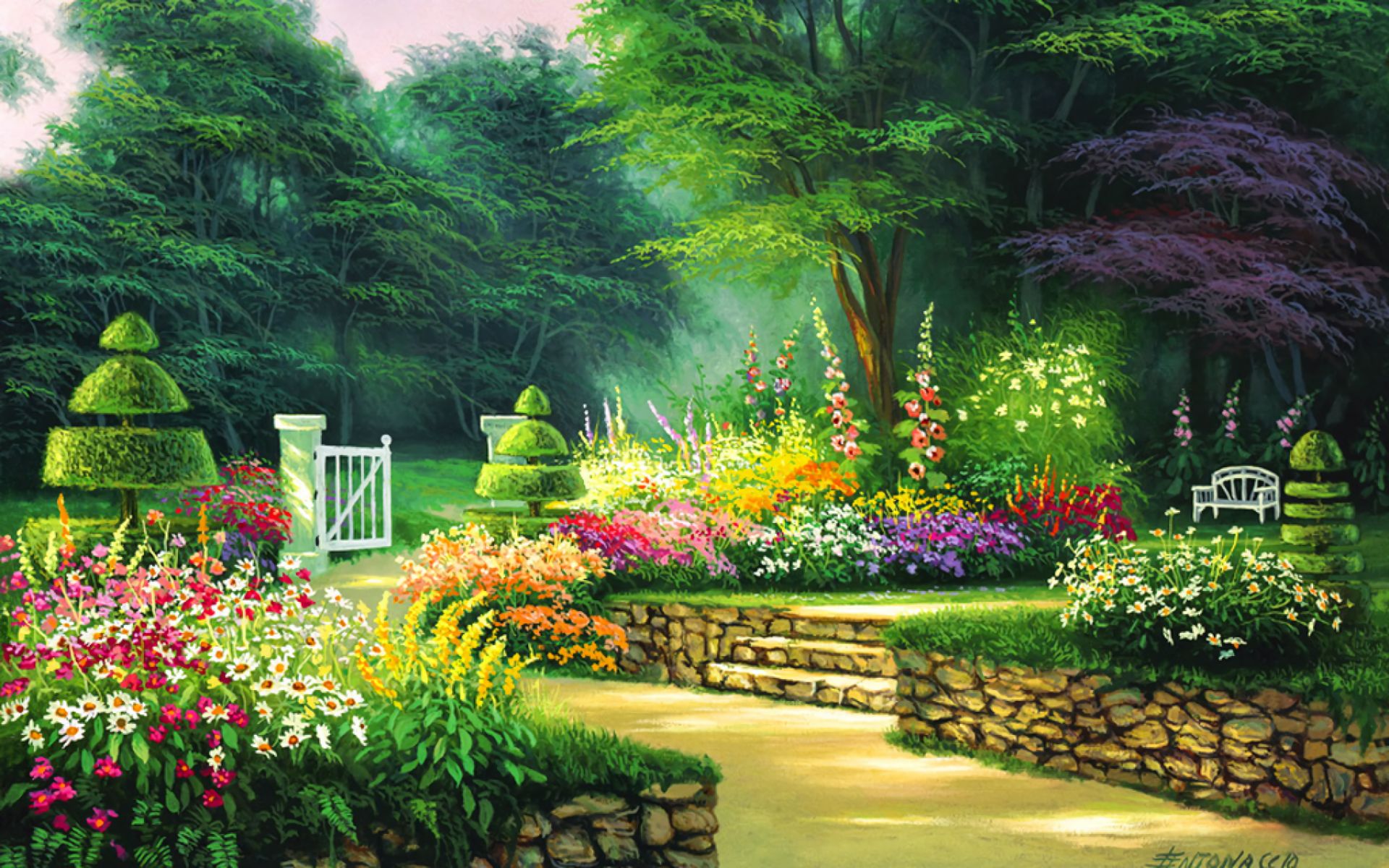 Desktop wallpaper: Artistic, Painting, Bench, Flower, Garden, Spring, Tree 4K free download for PC. 834262