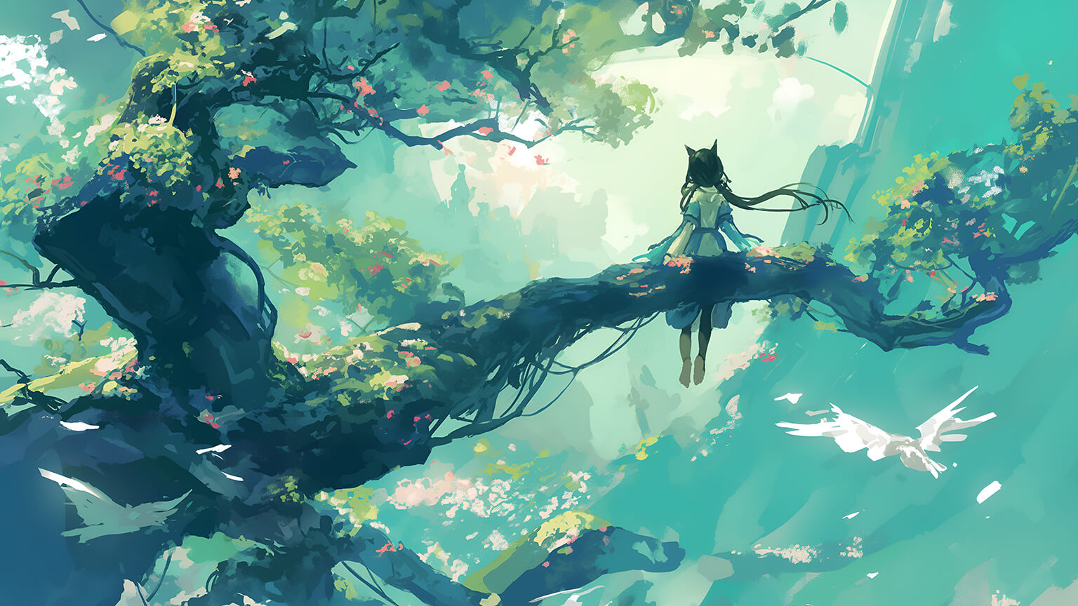 Anime Girl on Tree Green Desktop Wallpaper Wallpaper 4K