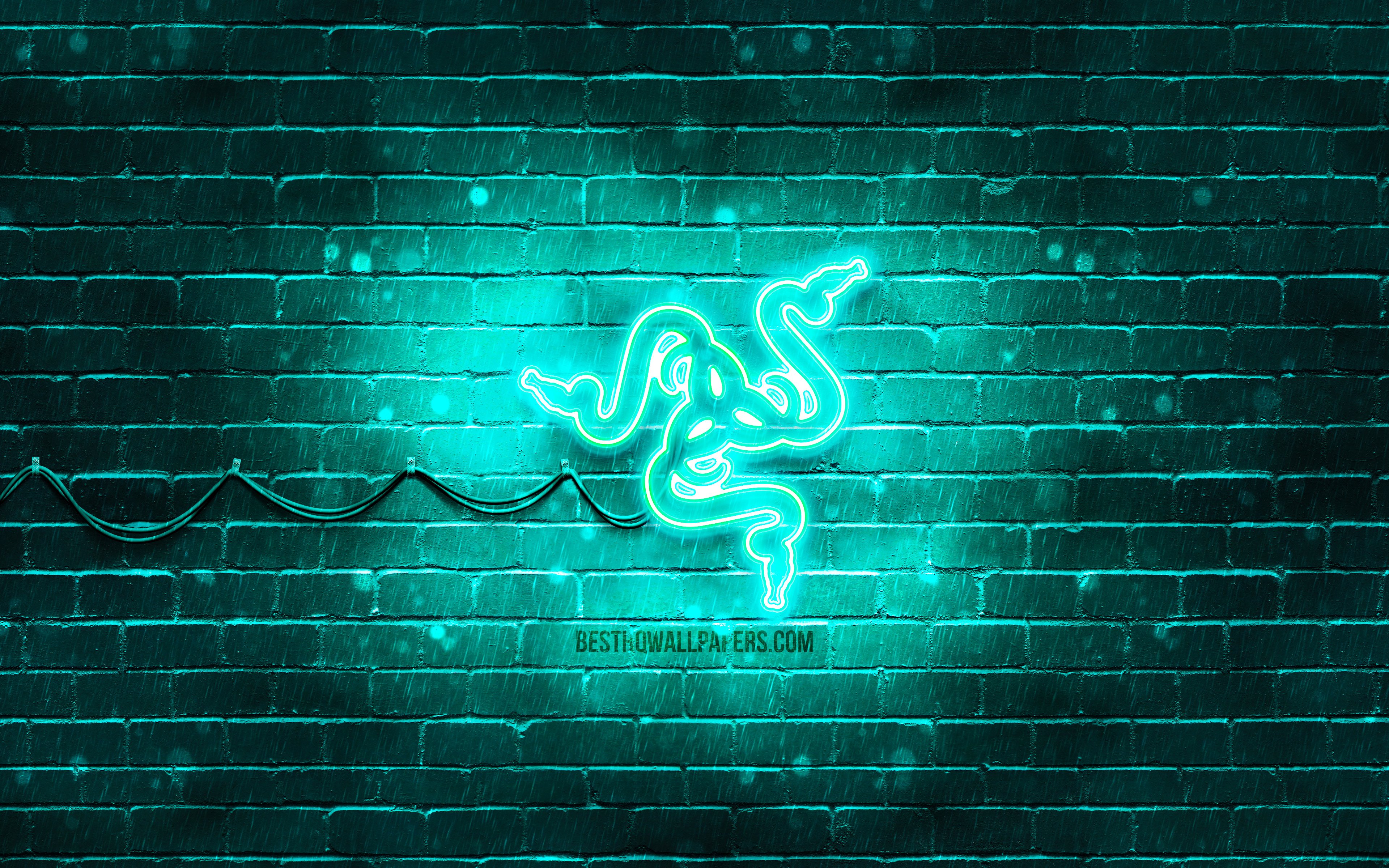 4k, turquoise brickwall, Razer logo