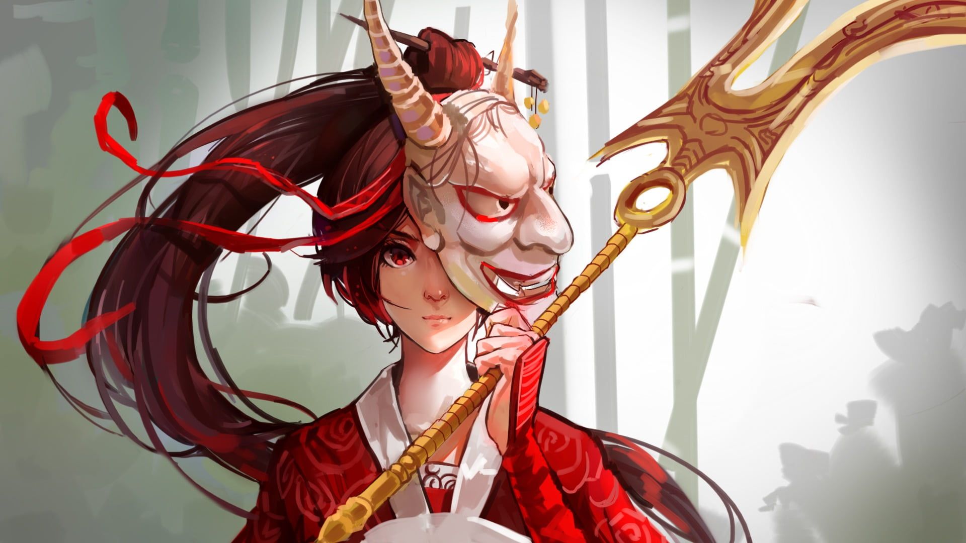 female anime character wearing oni mask