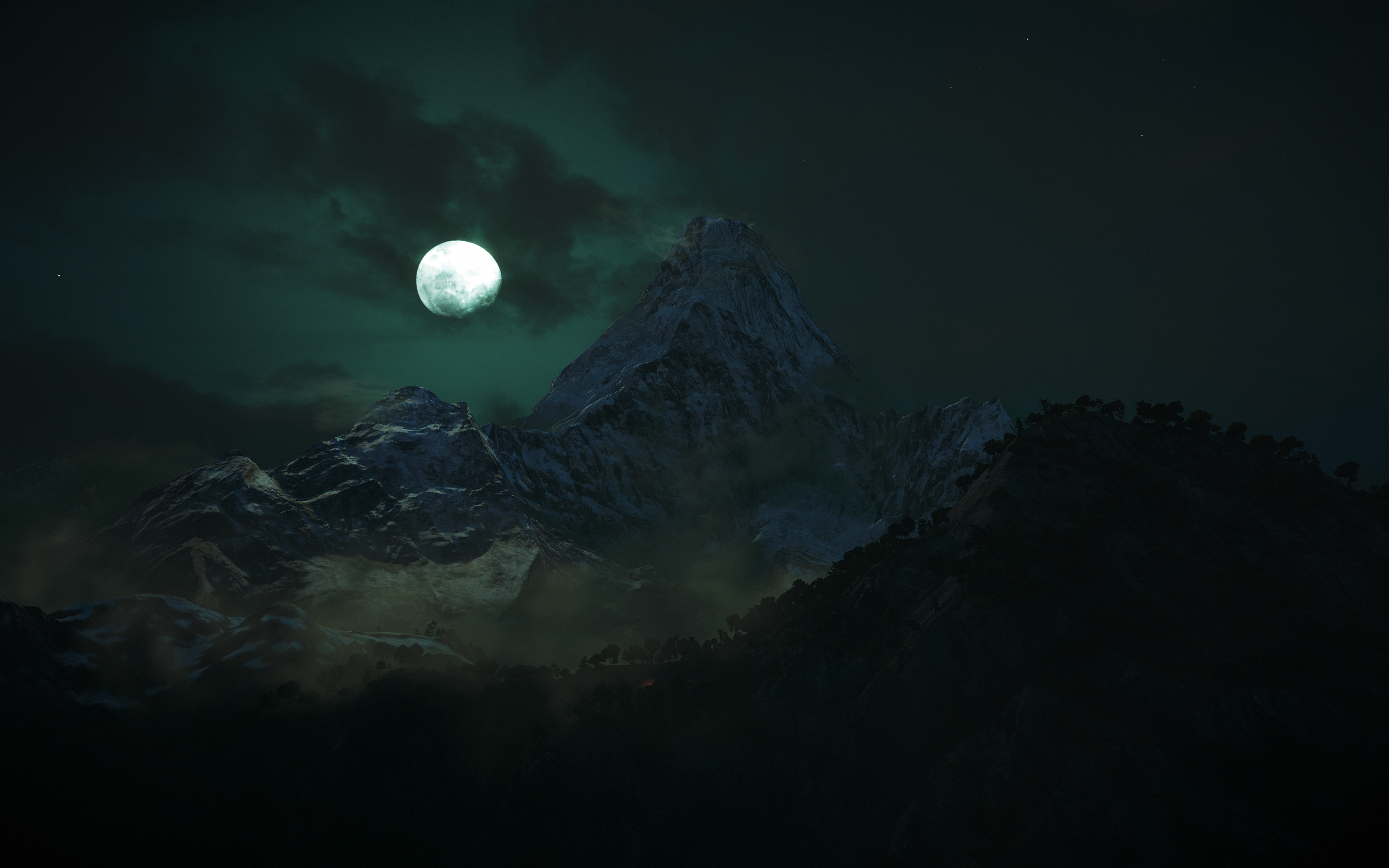 Night Wallpaper 4K, Moon, Mountains