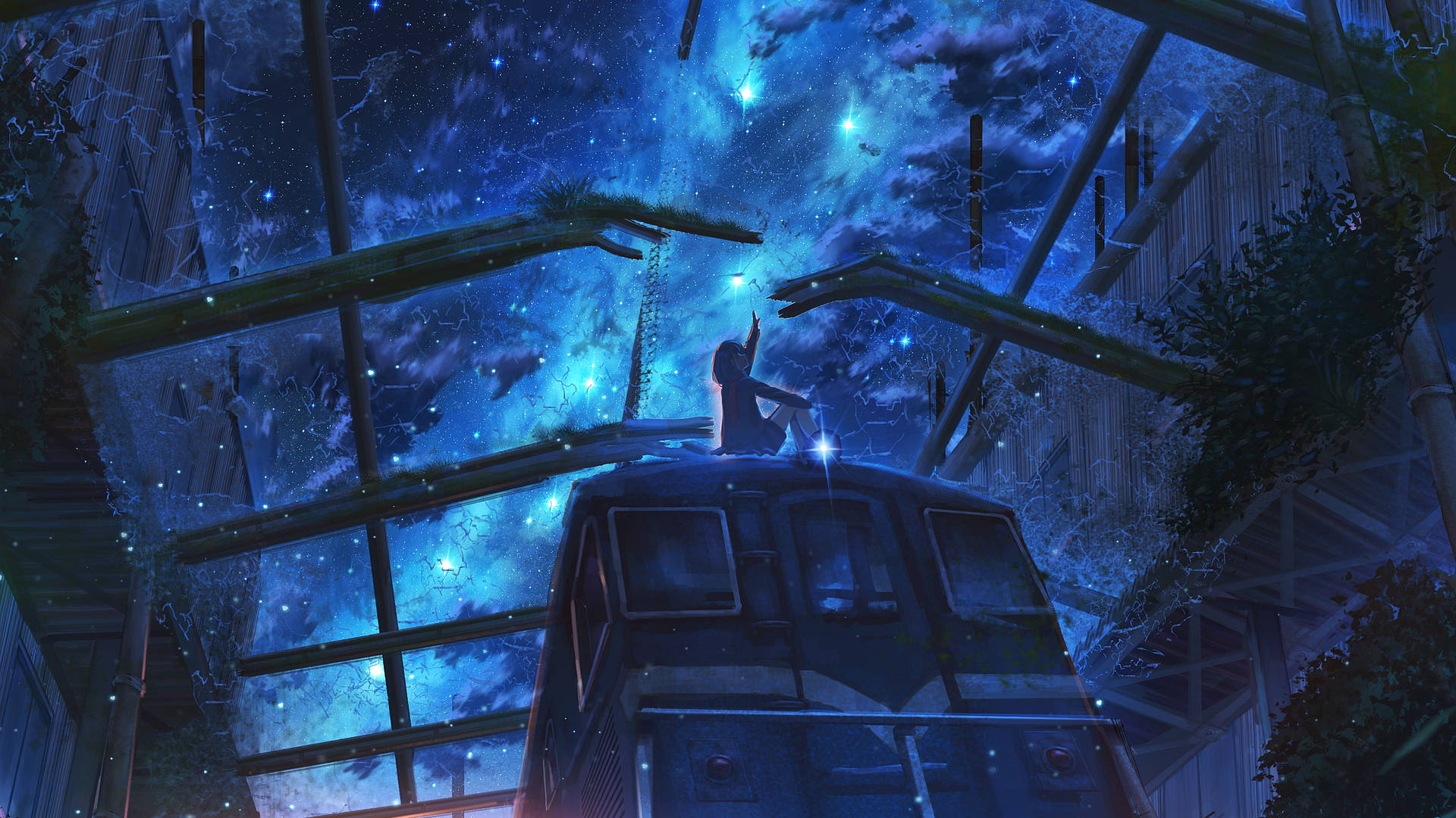 Download Abandoned Train Station Anime Night Sky Wallpaper