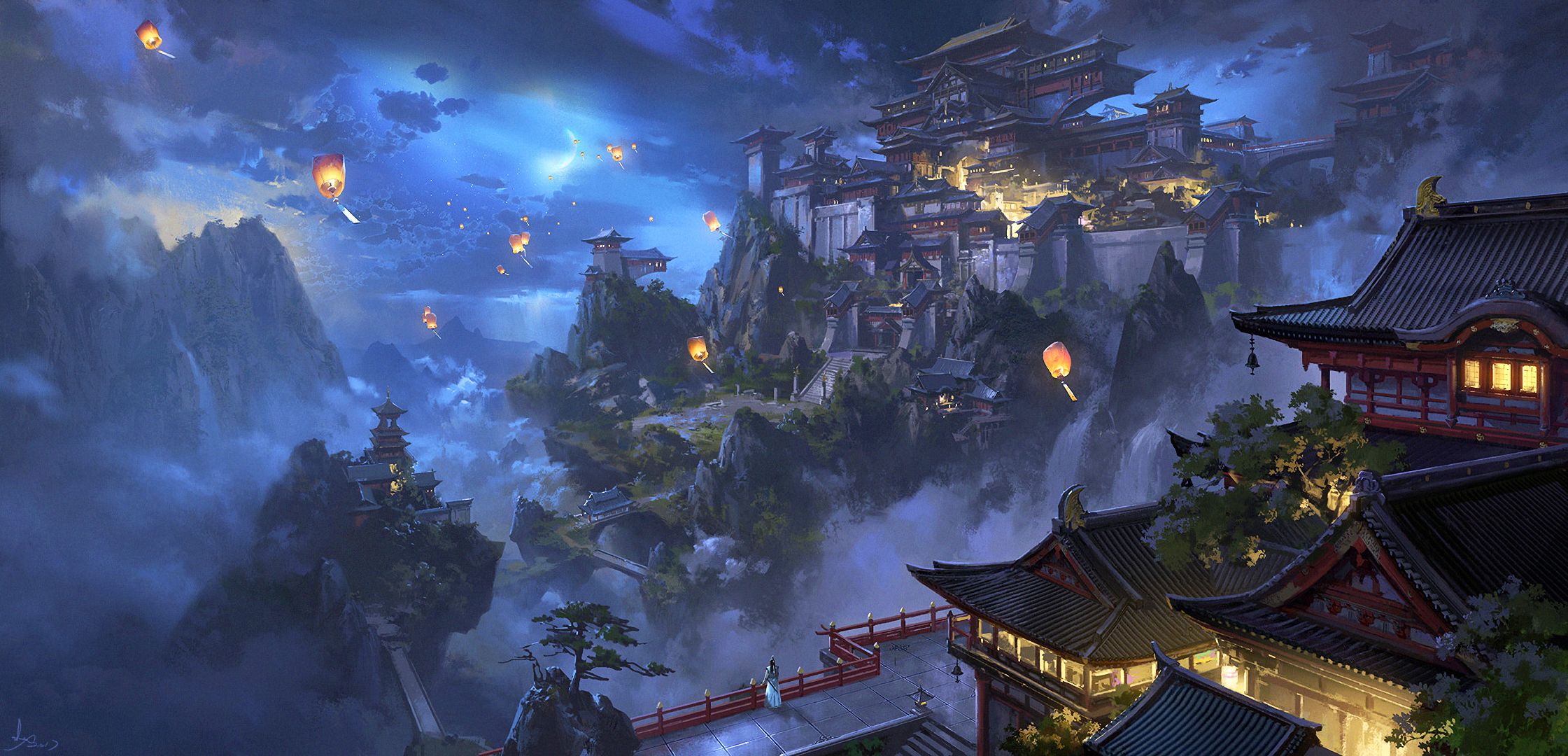 Desktop wallpaper: Landscape, Anime, Night, Original, Building, Lantern 4K free download for PC. 870817