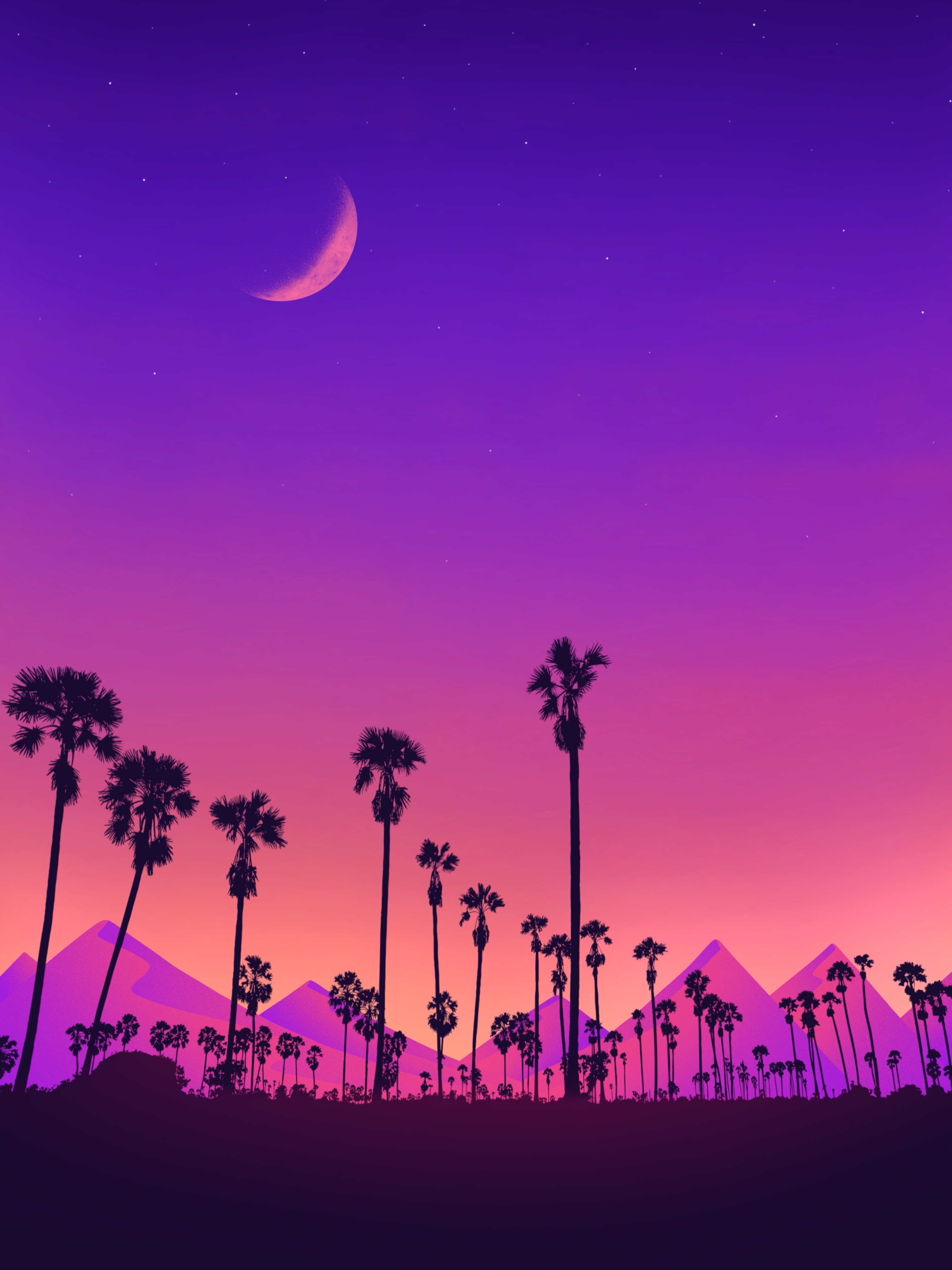 Phone wallpaper: Purple, Art, Violet, Moon, Mountains, Night, Palms 57546