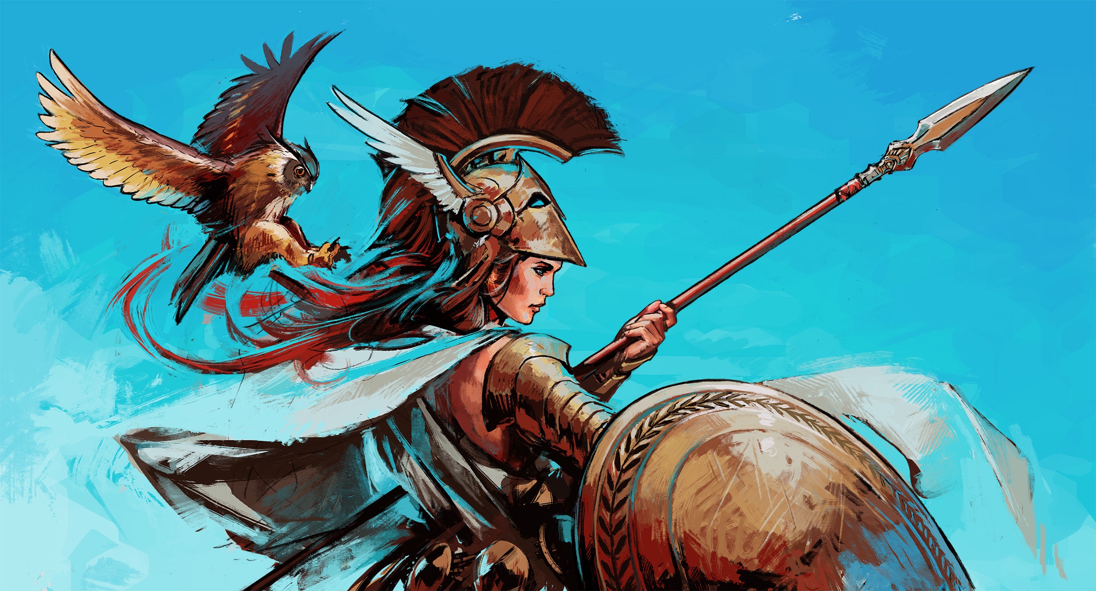 Wallpaper bird, God, helmet, spear, shield, goddess, Athena, greek mythology for mobile and desktop, section фантастика, resolution 2223x1200