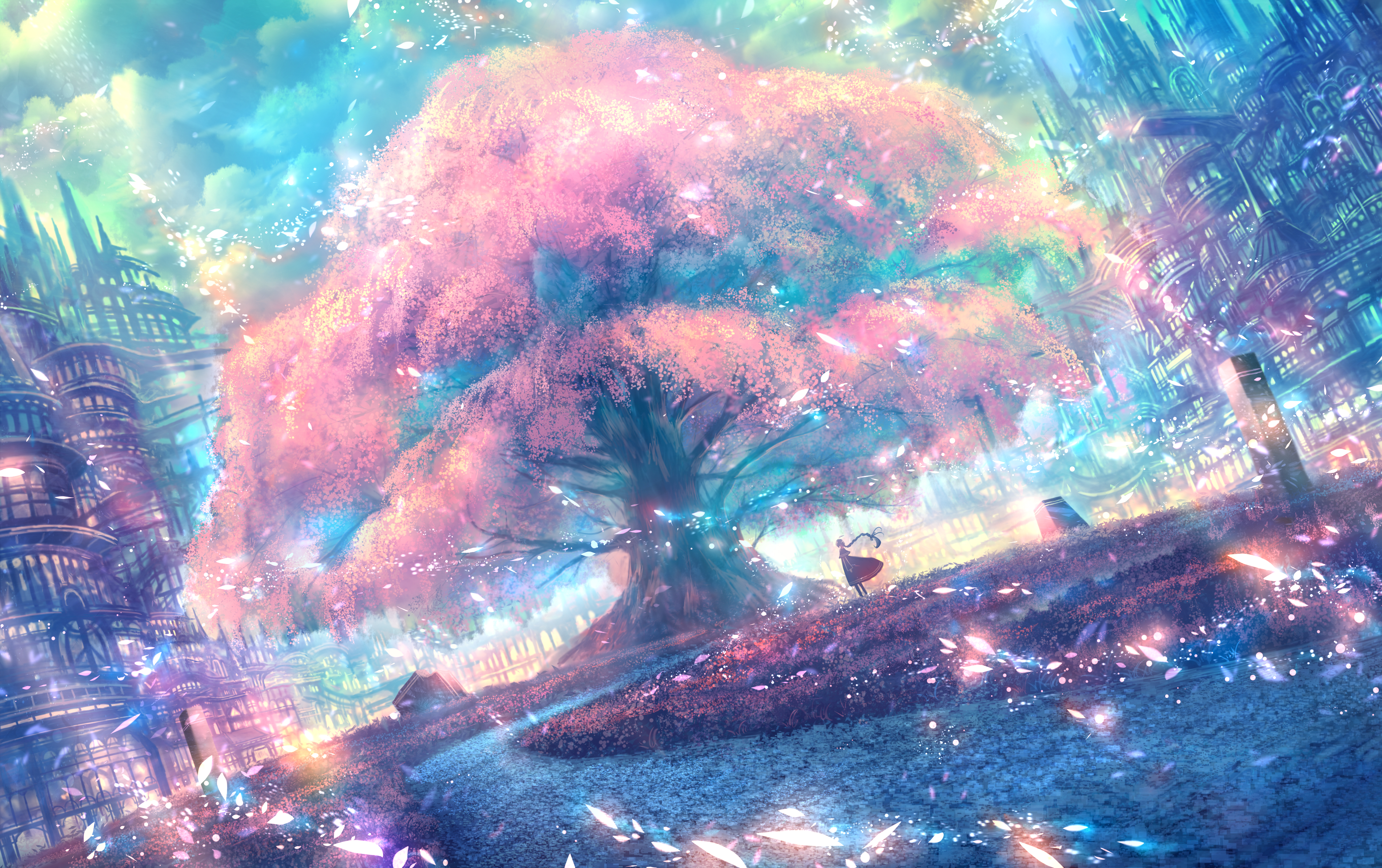 anime, cherry trees, trees, cherry
