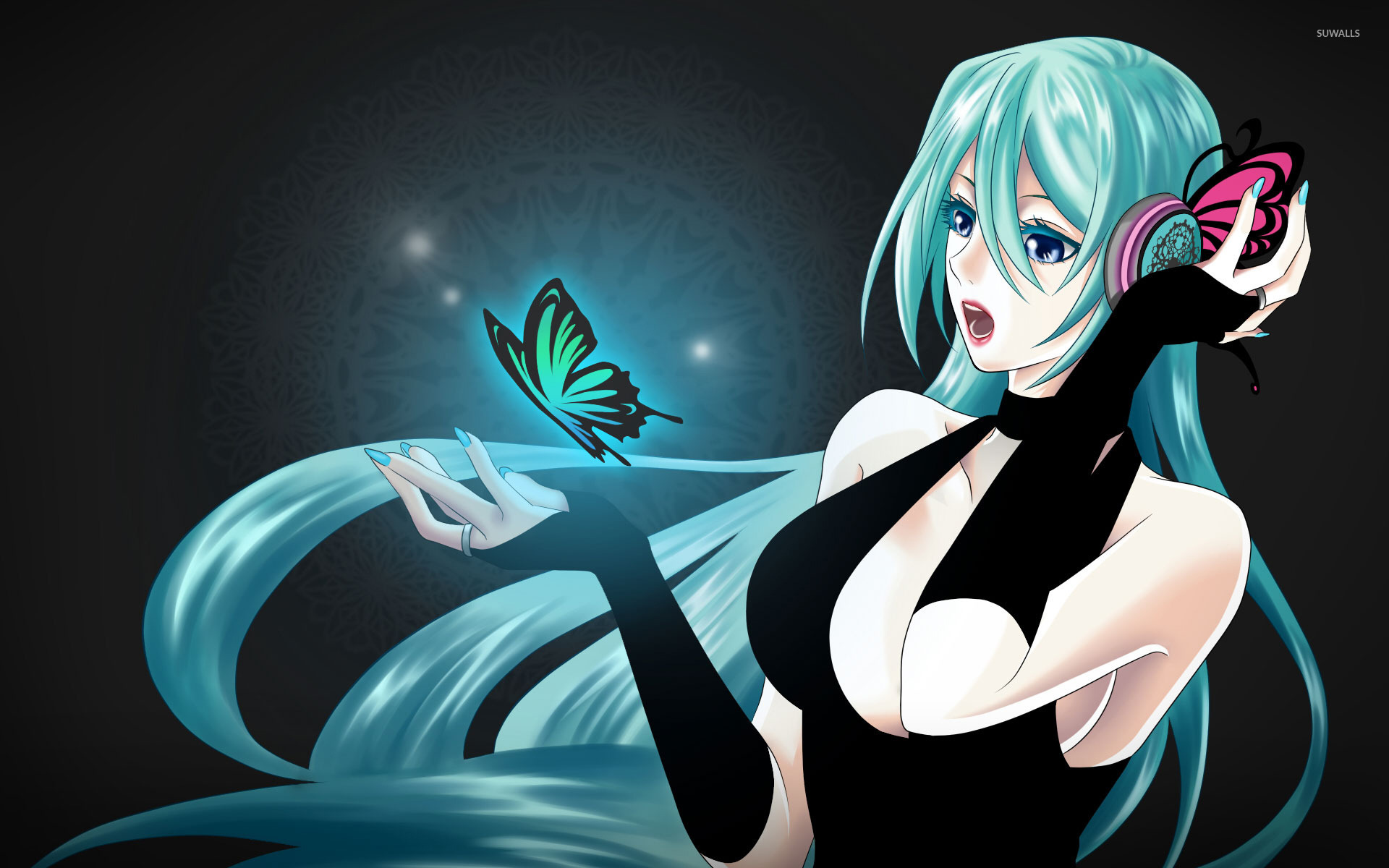 Blue girl playing with a blue butterfly