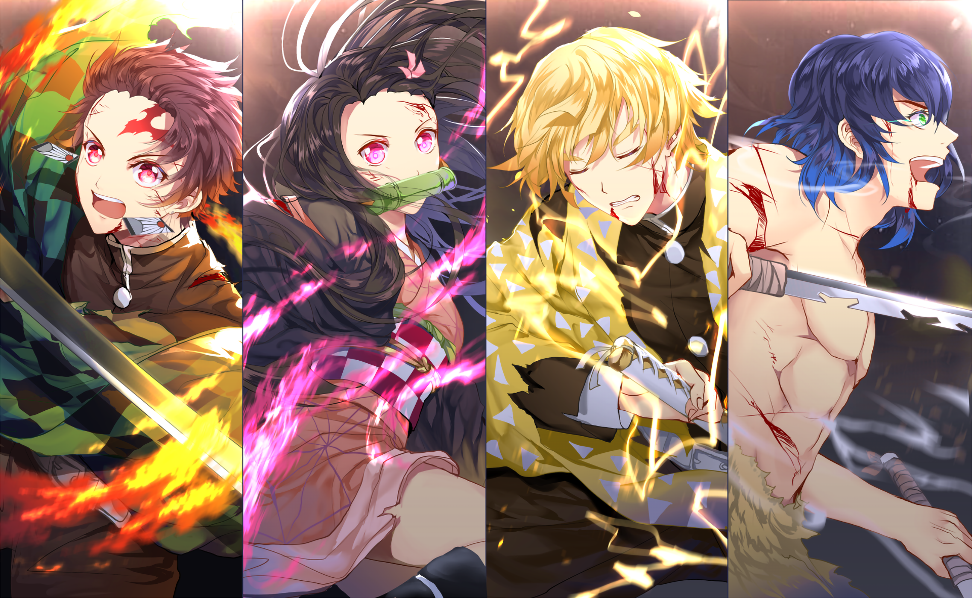 Demon Slayer Team HD Wallpaper: Tanjiro, Nezuko, Zenitsu, Inosuke by Reku@绘仕事募集中