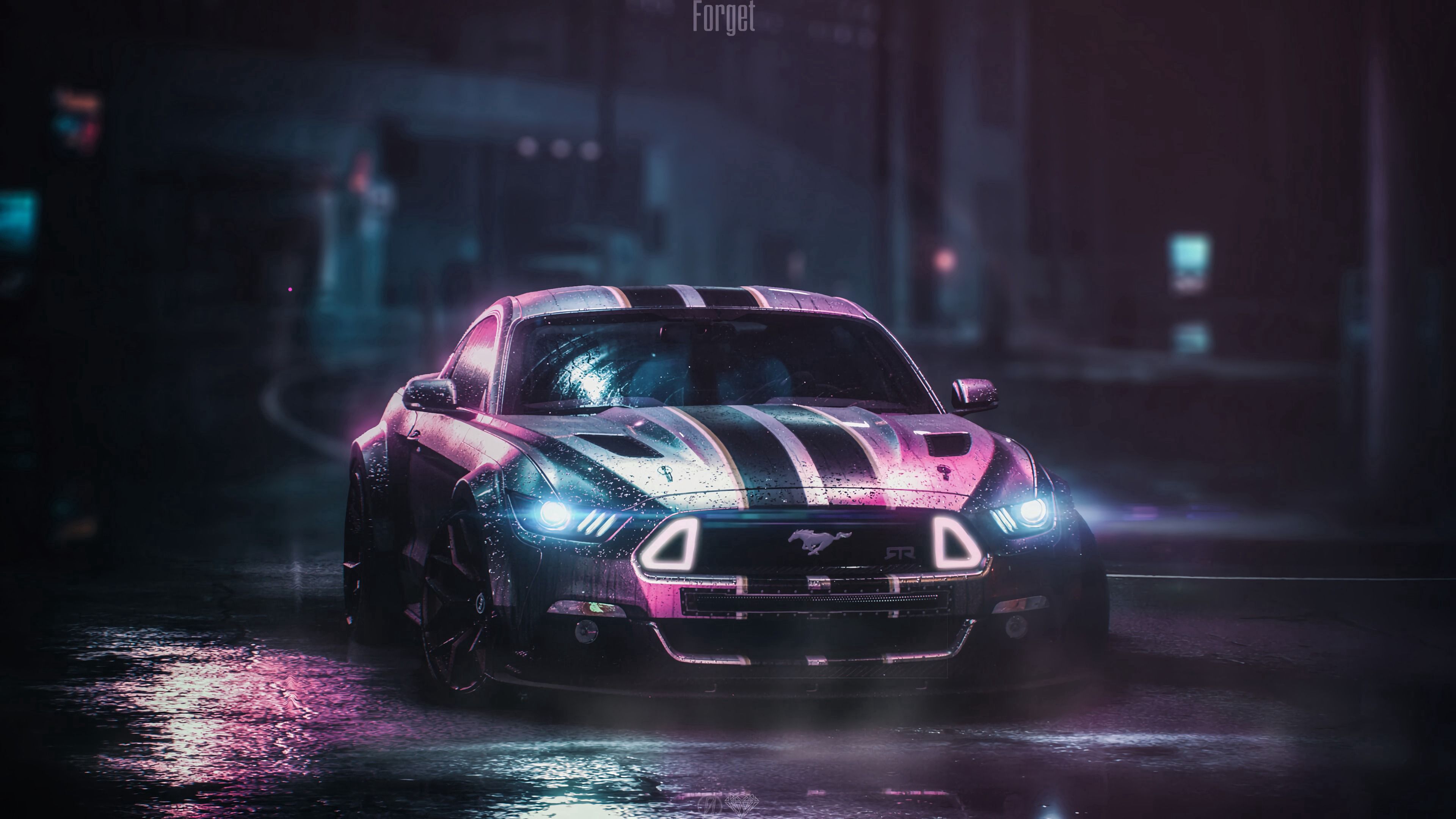 Desktop wallpaper: Cars, Ford Mustang Gtr, Neon, Night, Ford, Wet, Car, Machine 4K free download for PC. 124039