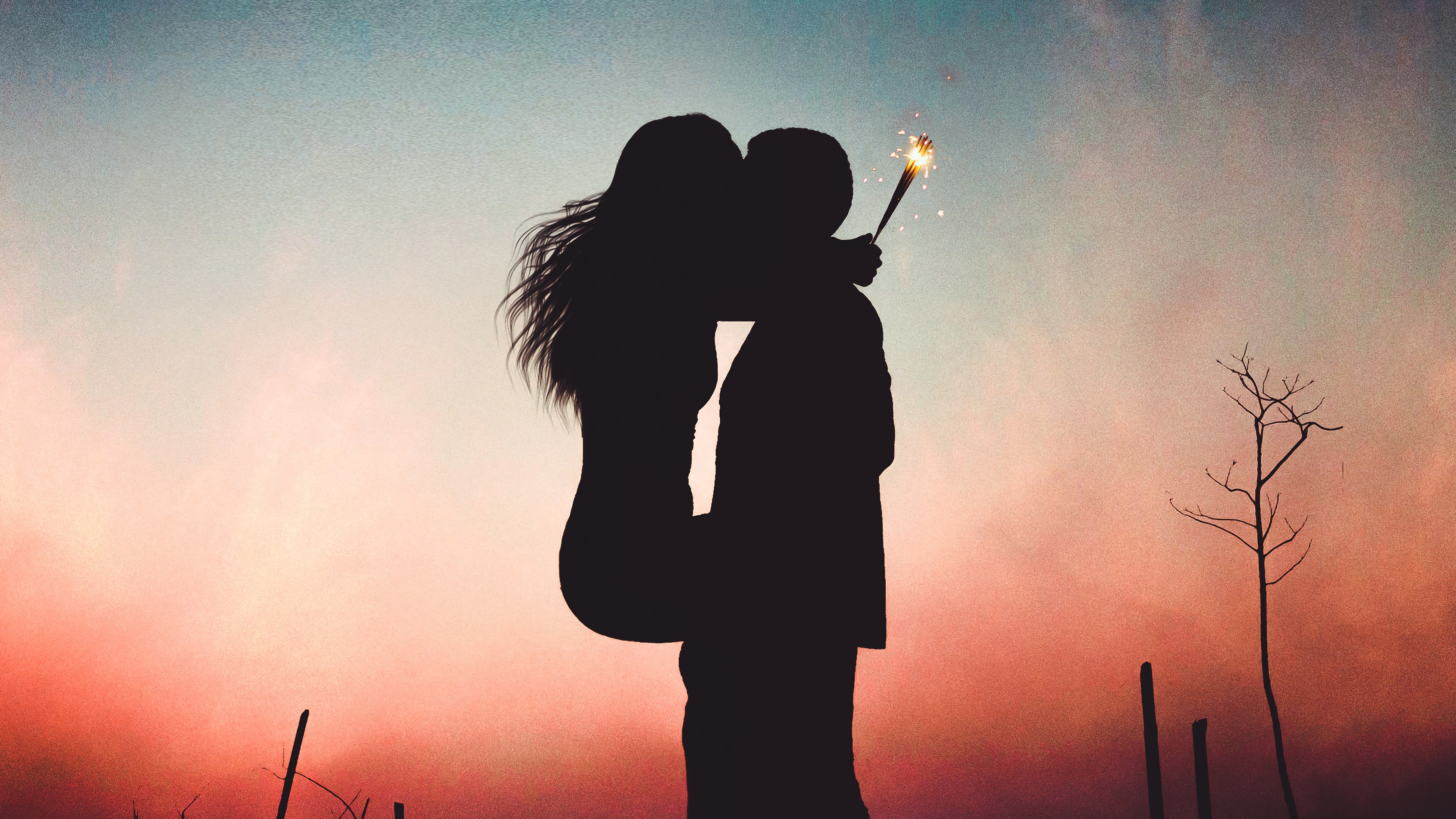 Couple Silhouette Sweet Kiss 4K