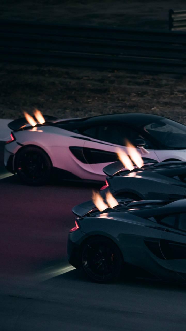 Three McLaren 600lts shooting flames