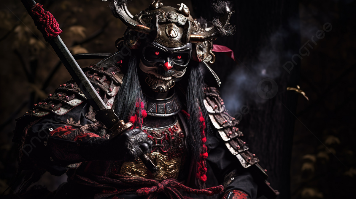 Samurai Wearing A Helmet With Red Eyes