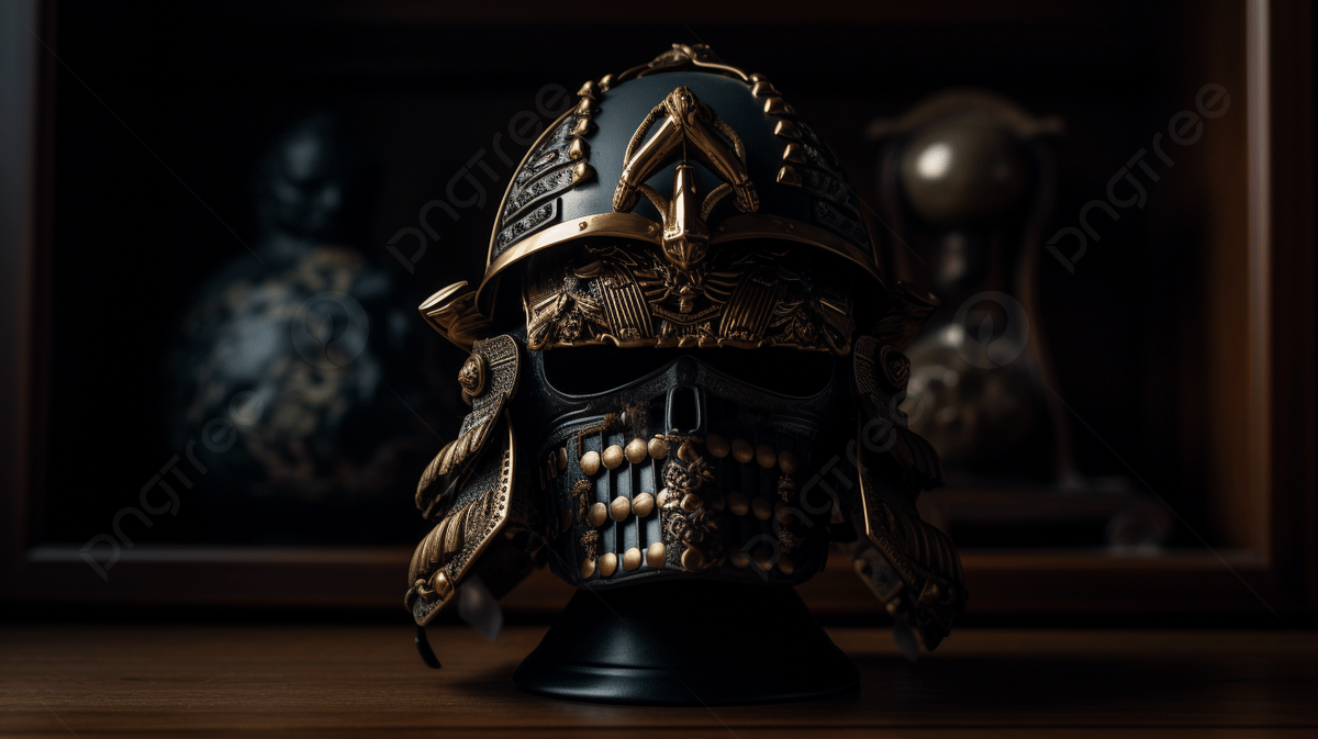 Black And Gold Samurai Helmet In A
