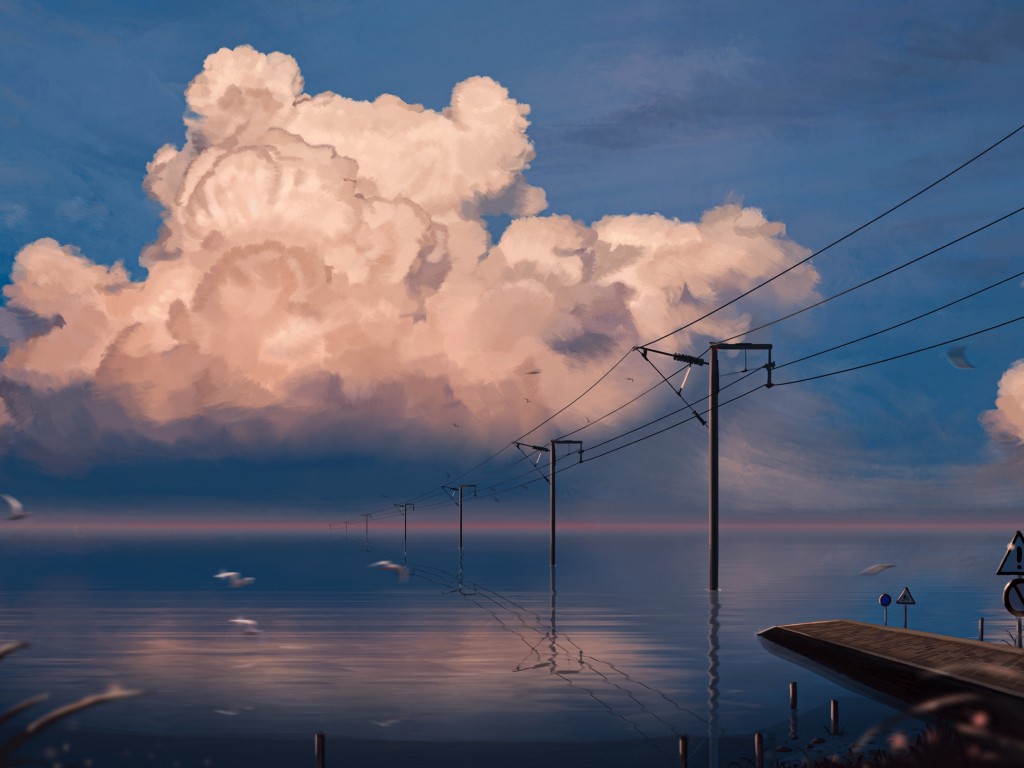 Wallpaper lake, pier, anime, original