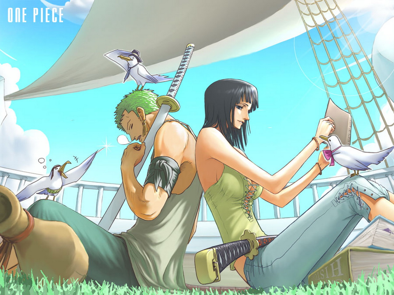 Desktop wallpaper: One Piece, Anime, Nico Robin, Roronoa Zoro, Black Hair, Blue Eyes, Green Hair, Katana, Book, Bandage, Bird, Bracelet, Seagull, Sword, Weapon 4K free download for PC. 1520349