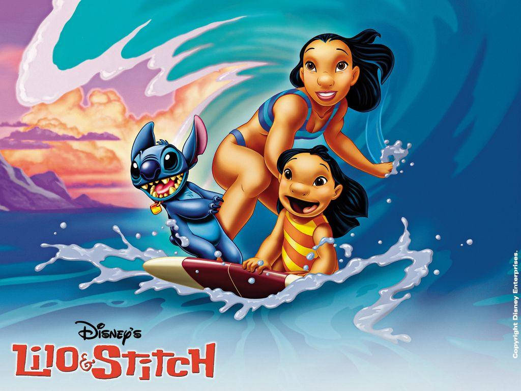 Download Pelekai Sisters And Stitch 3D Surfing Wallpaper