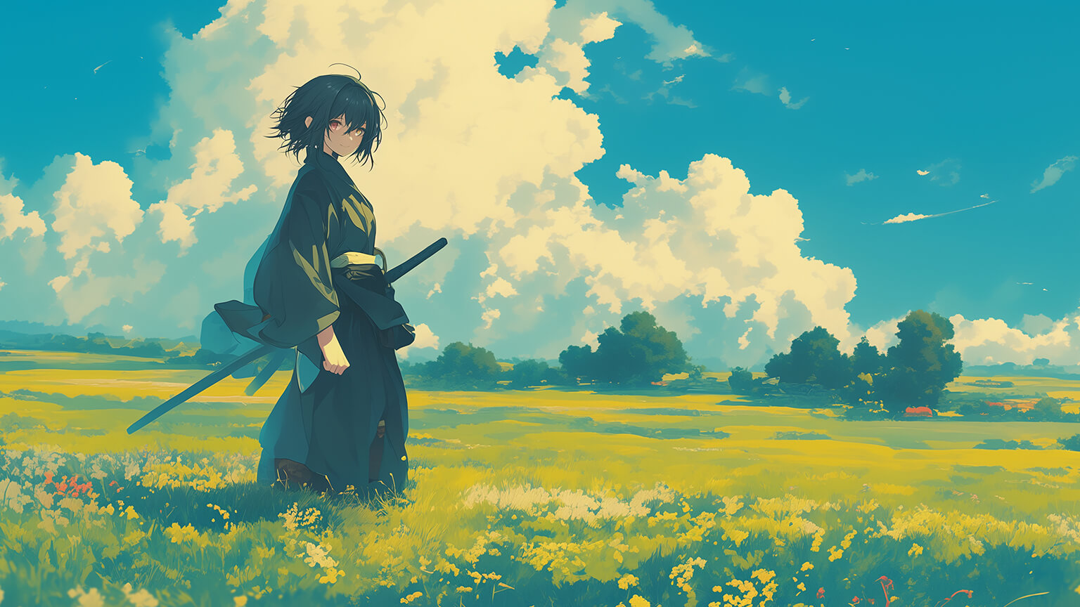 Anime Boy Samurai in Field Desktop Wallpaper