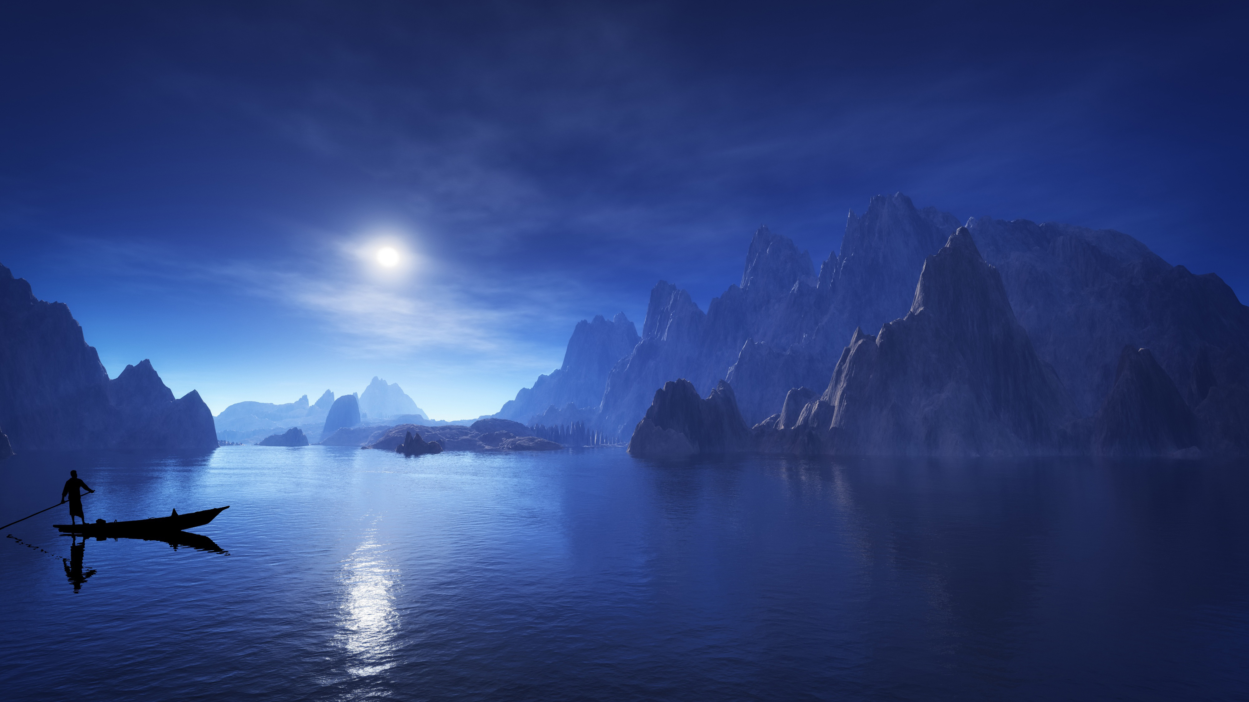 Night Lake Mountain Nature Sea Moon 4k