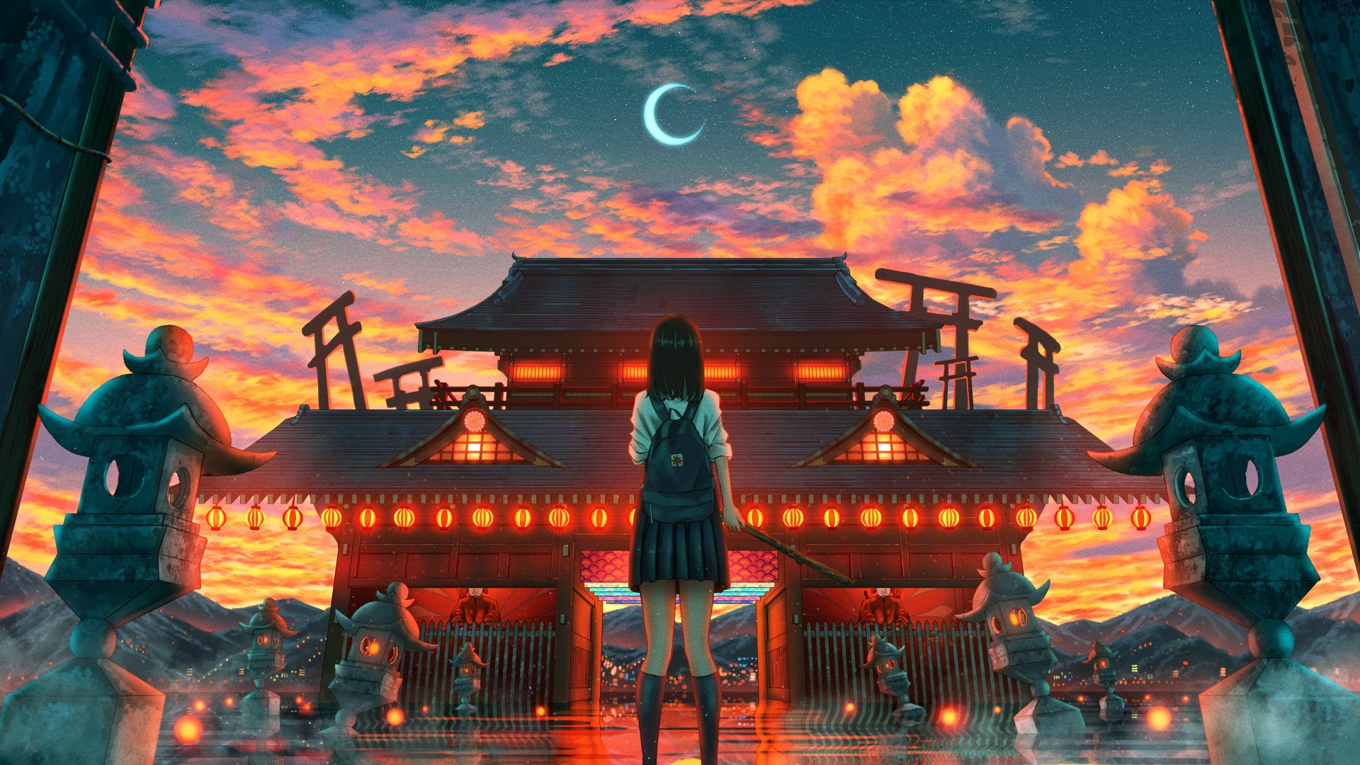 Ancient architecture Wallpaper 4K, Japanese girl, Crescent Moon