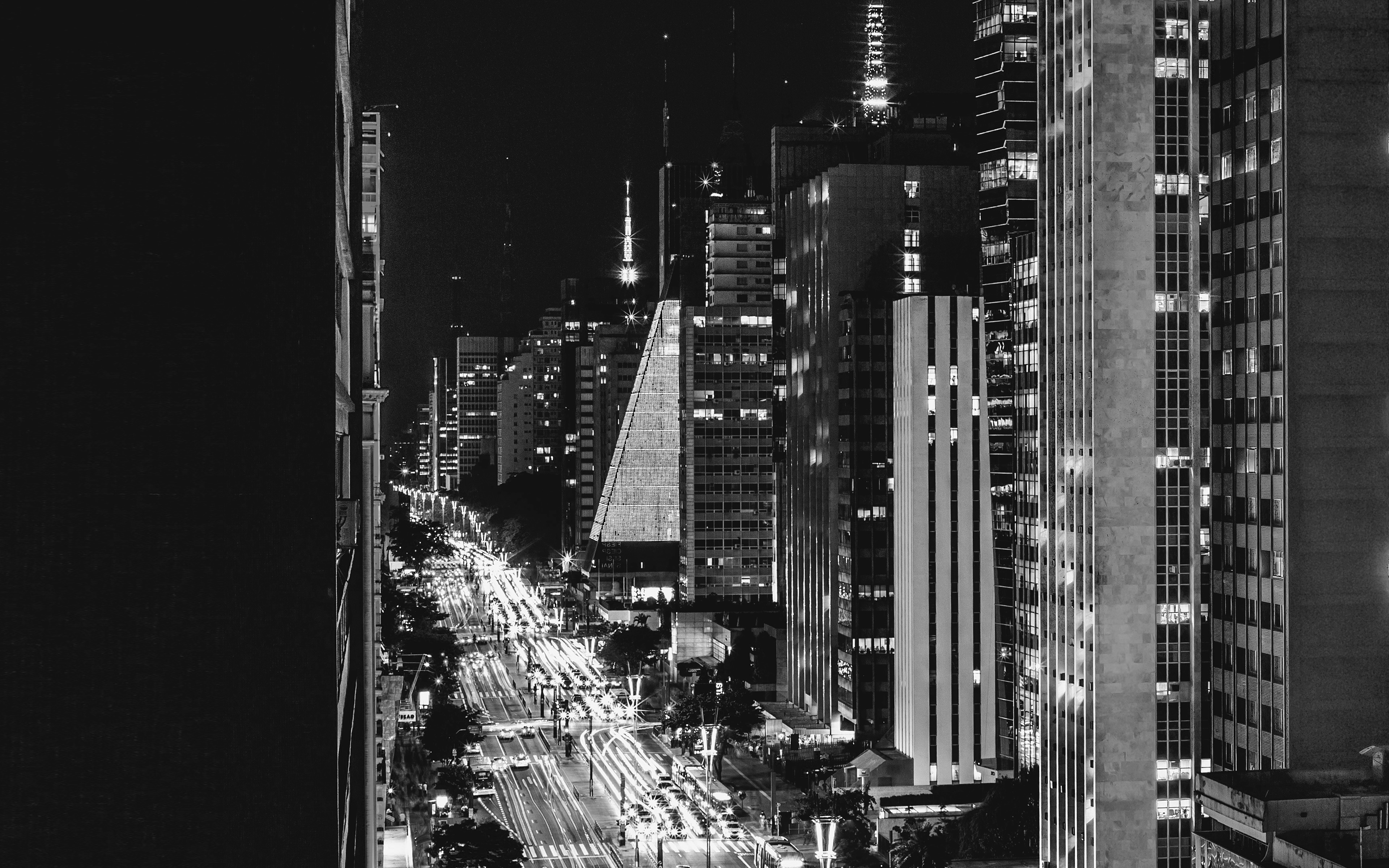 City Night View Urban Street Bw Dark