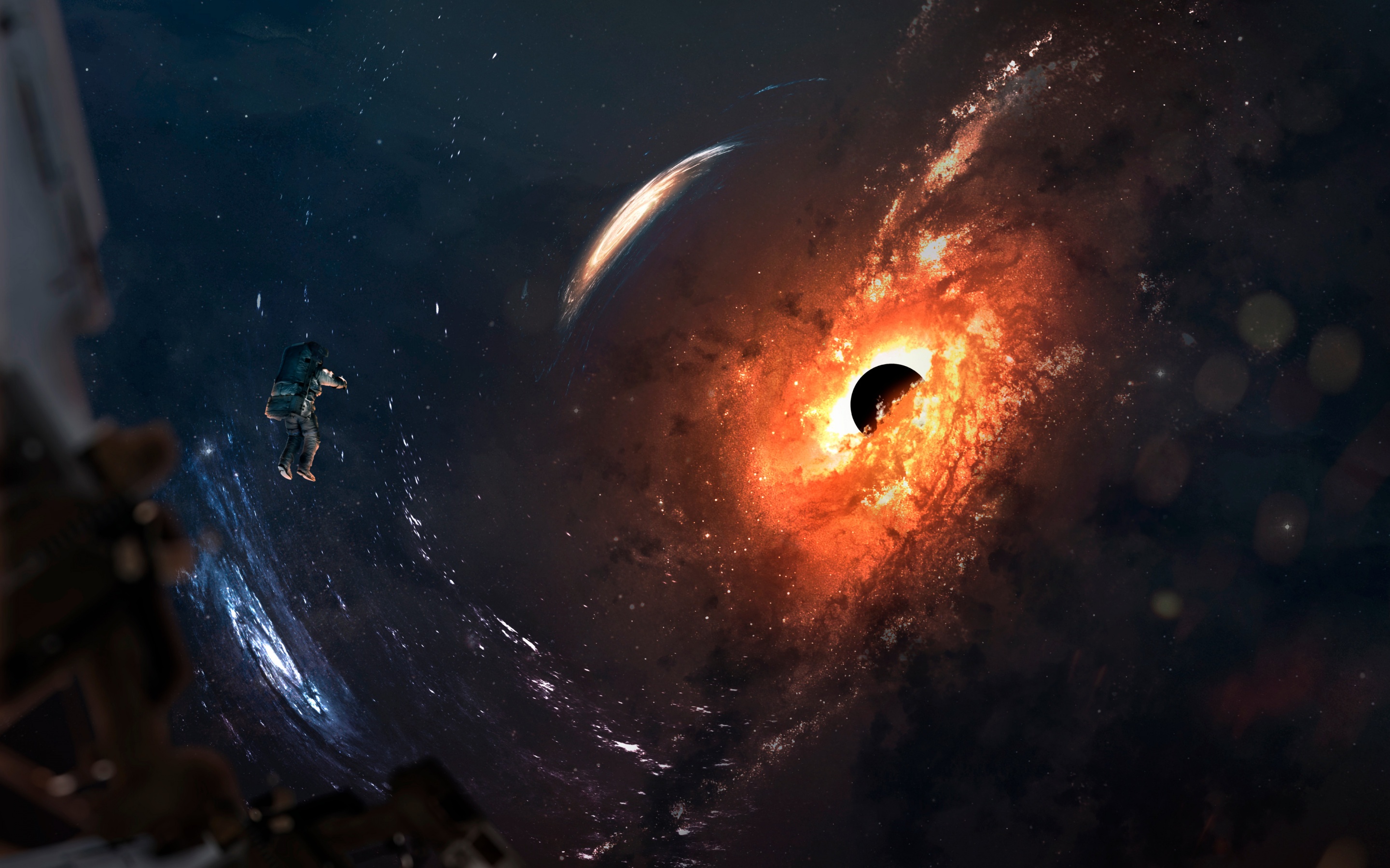 Black hole Wallpaper 4K, Astronaut, Spiral galaxy, Stars