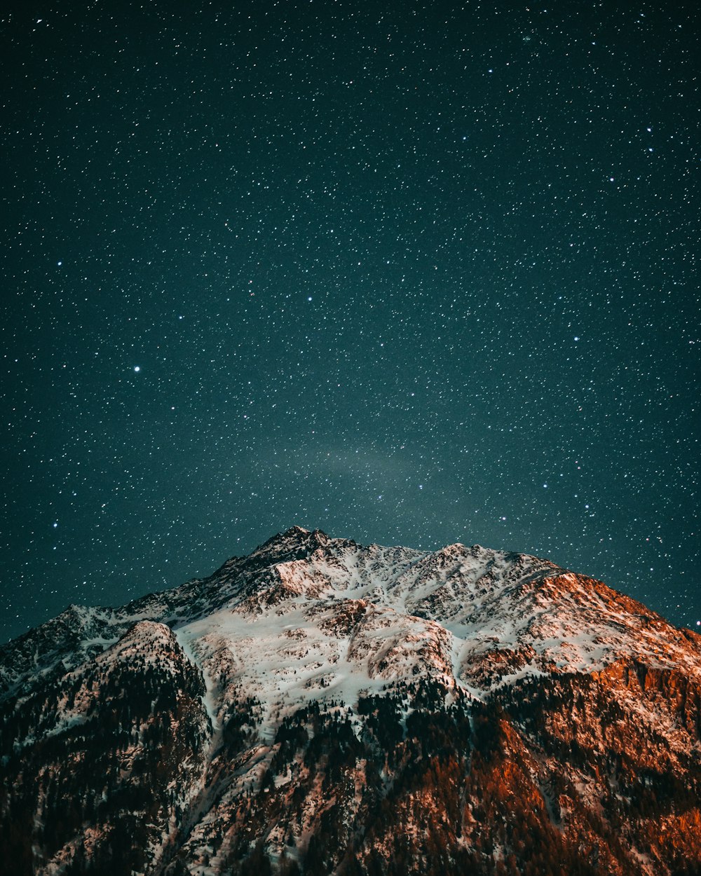 Snow covered mountain under starry