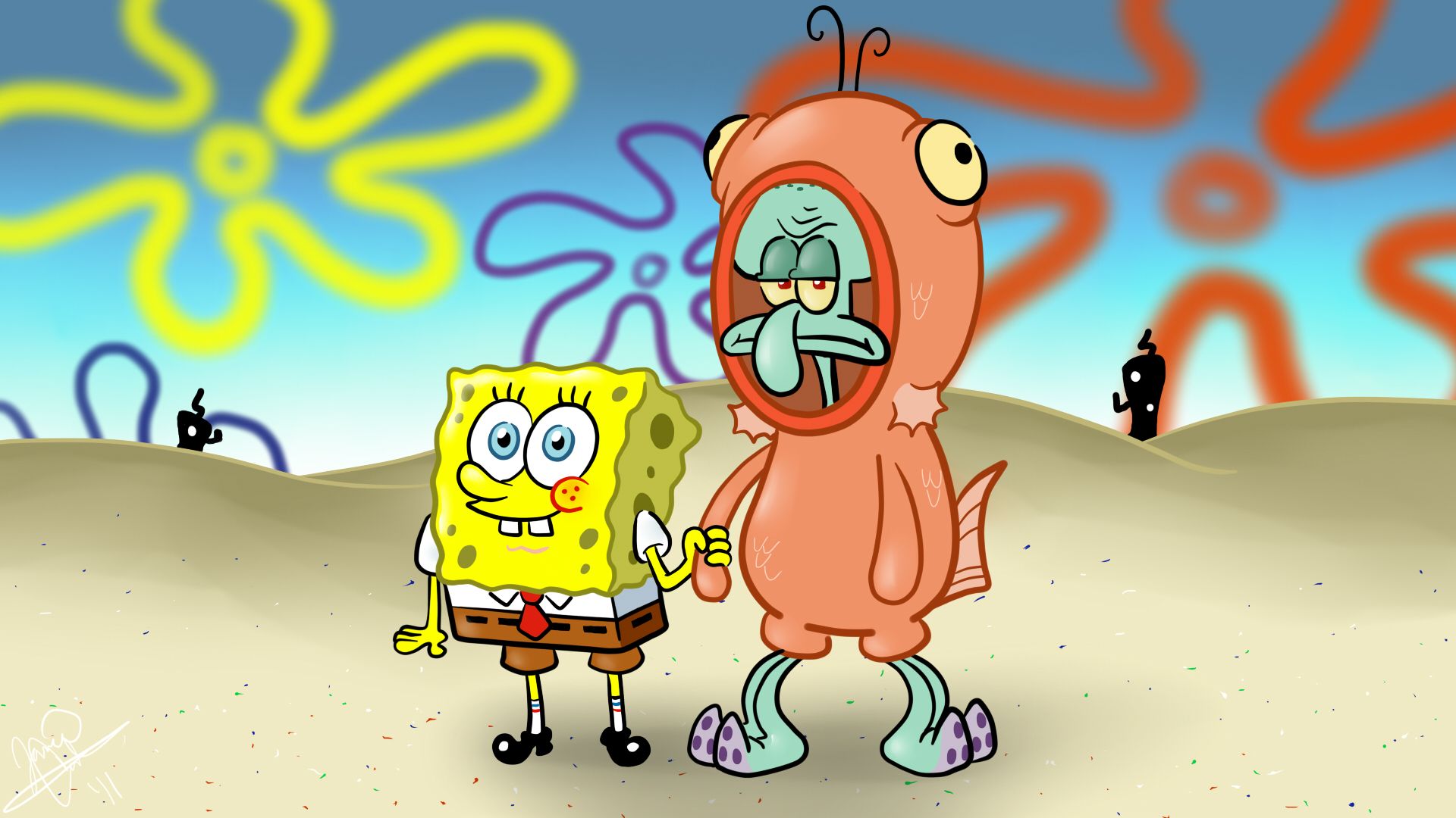 Squidward wearing a salmon suit