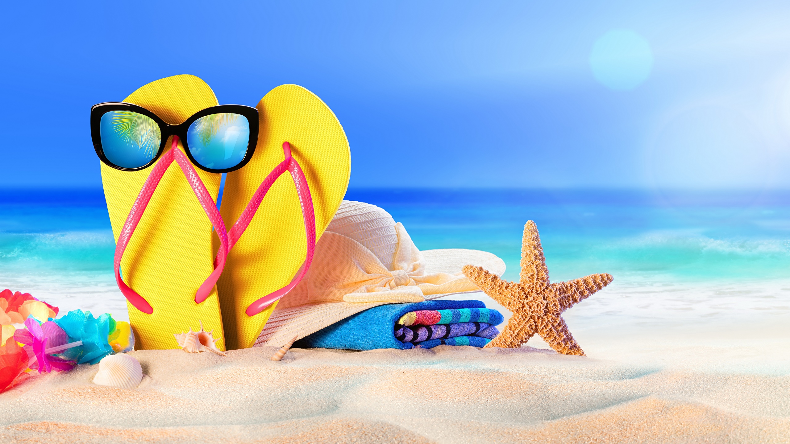 Flip Flops Summer Sand Glasses 2560x1440