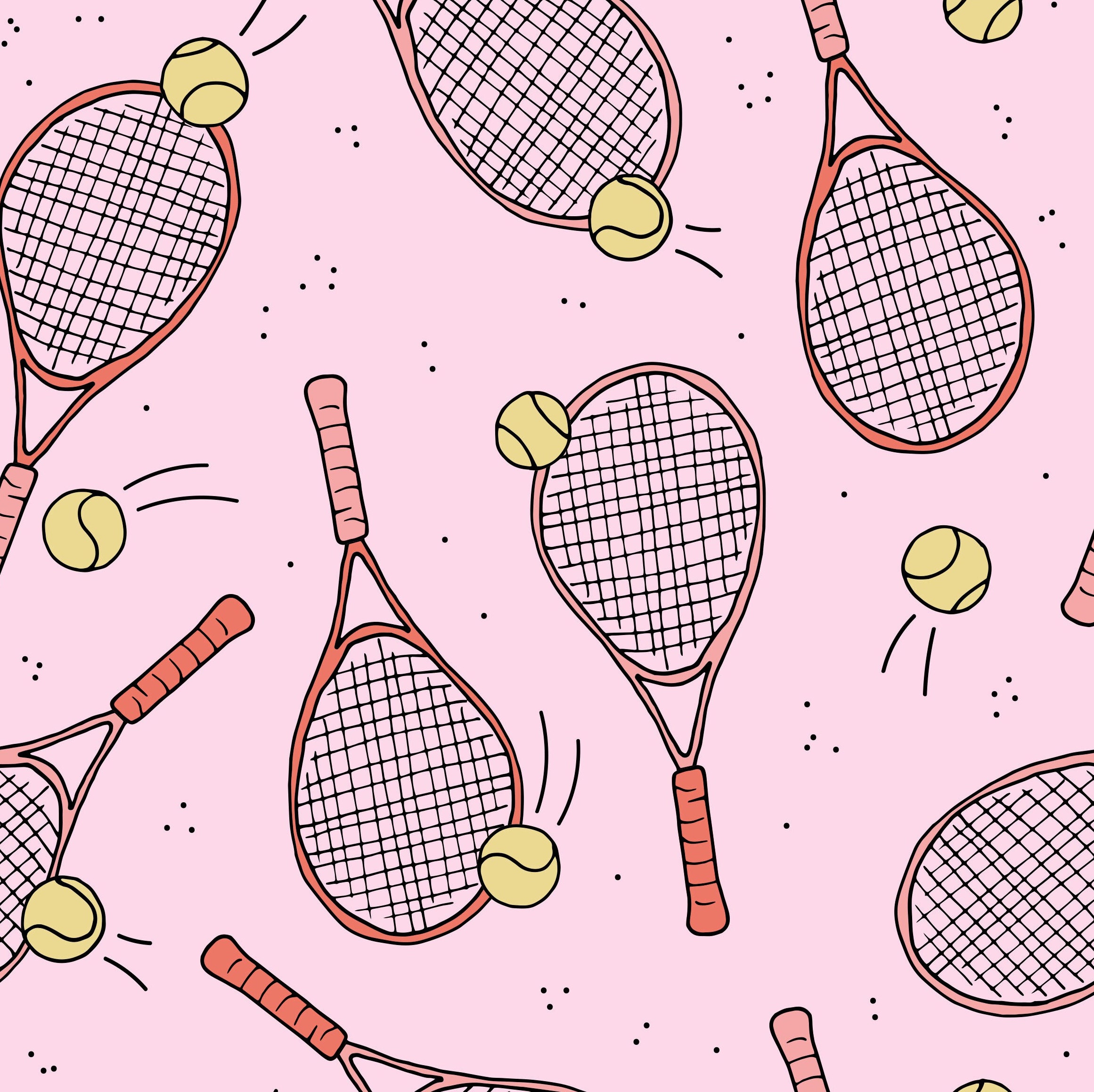 Pink Tennis Racket & Balls Fabric
